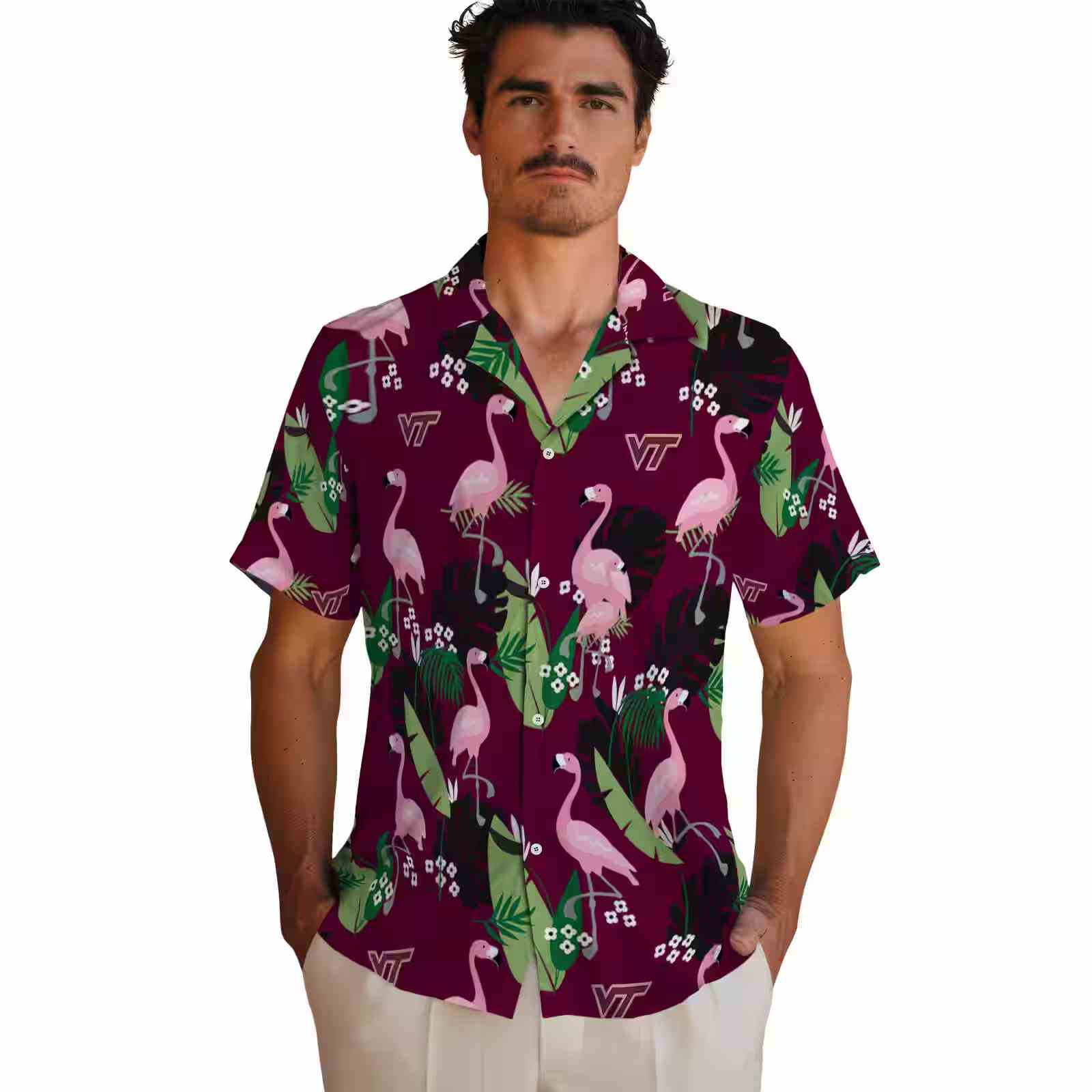 virginia tech hokies flamingo leaf motif maroon hawaiian shirt fashion forward