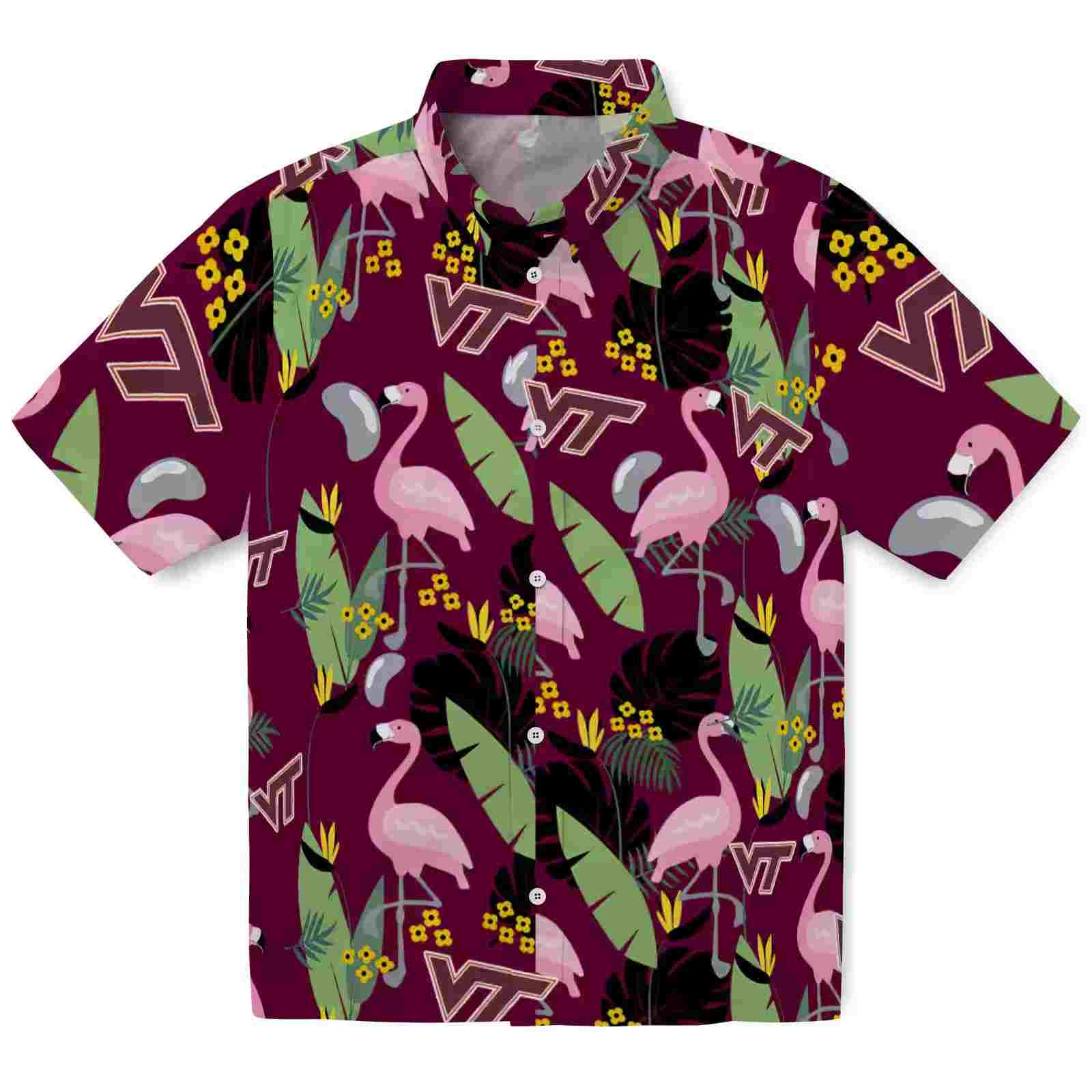 Virginia Tech Hokies Flamingo Leaves Maroon Hawaiian Shirt