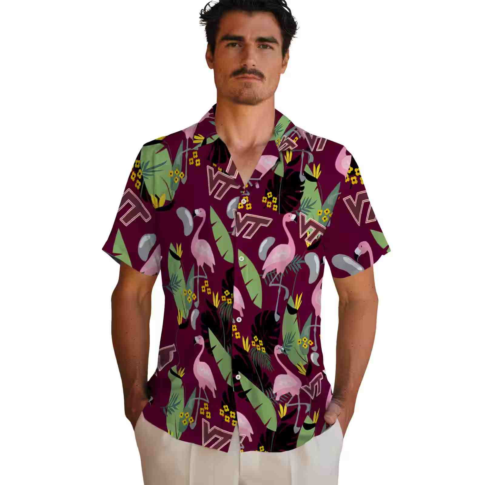 virginia tech hokies flamingo leaves maroon hawaiian shirt fashion forward