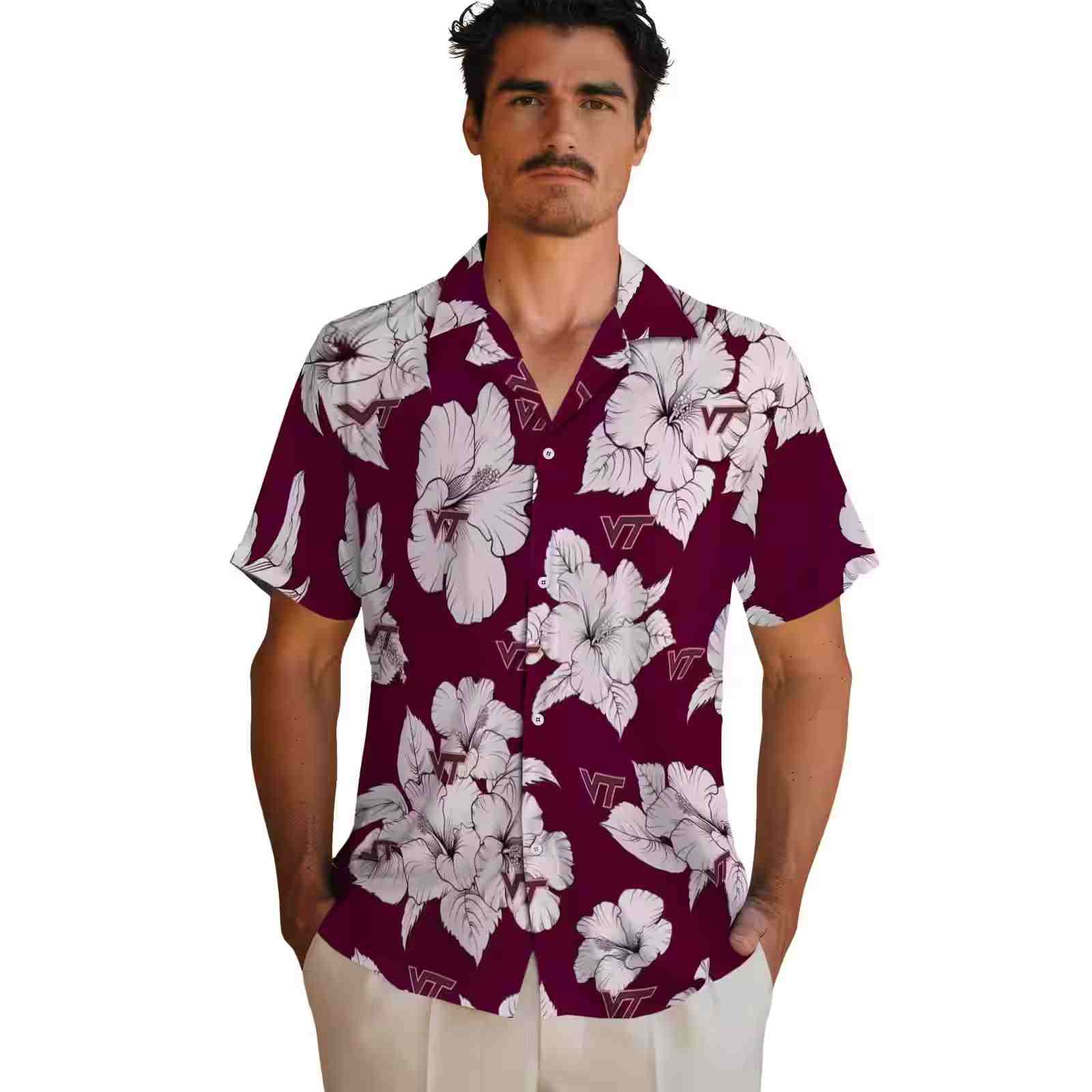 virginia tech hokies hibiscus blooms maroon white hawaiian shirt fashion forward