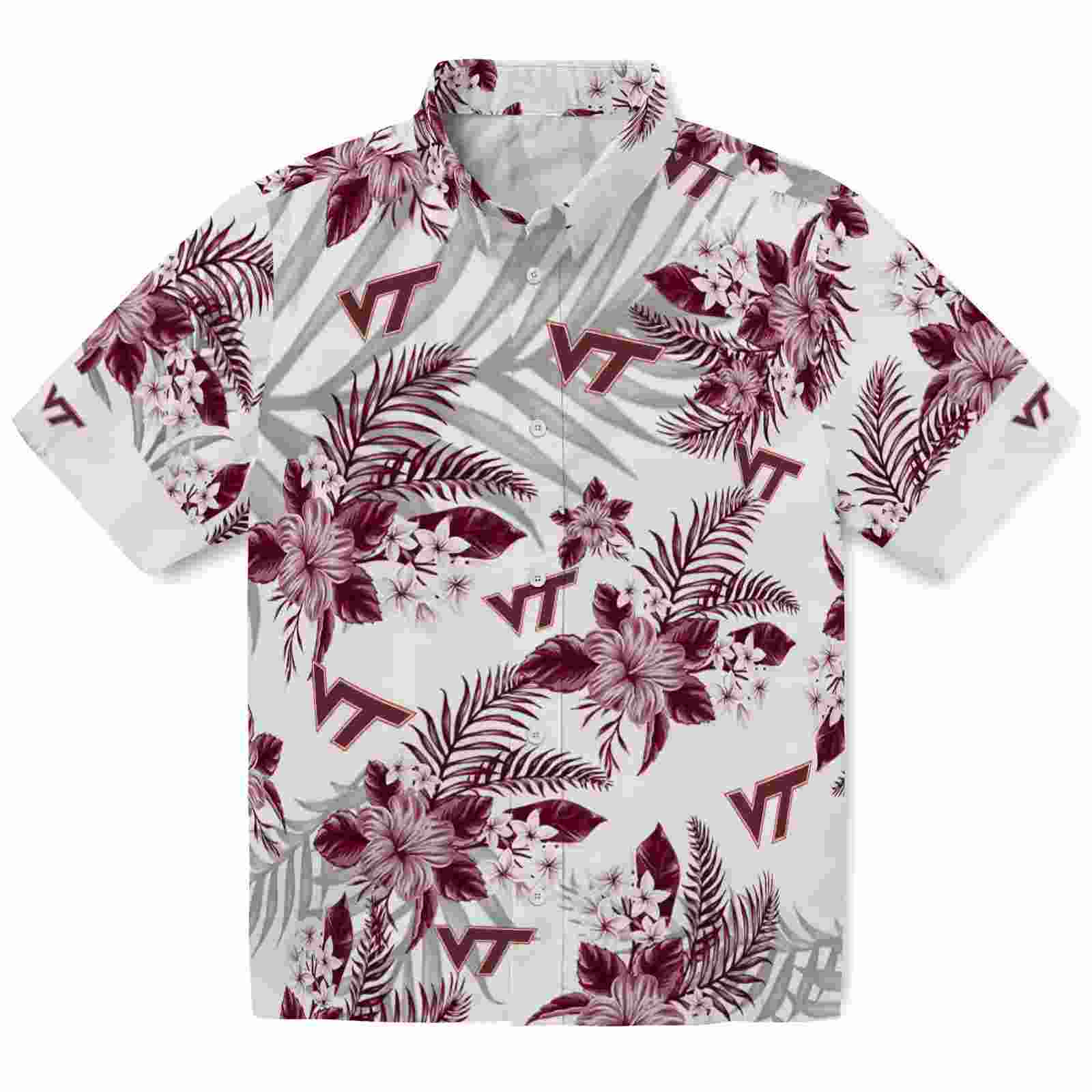 Virginia Tech Hokies Hibiscus Palm Leaves Maroon White Hawaiian Shirt