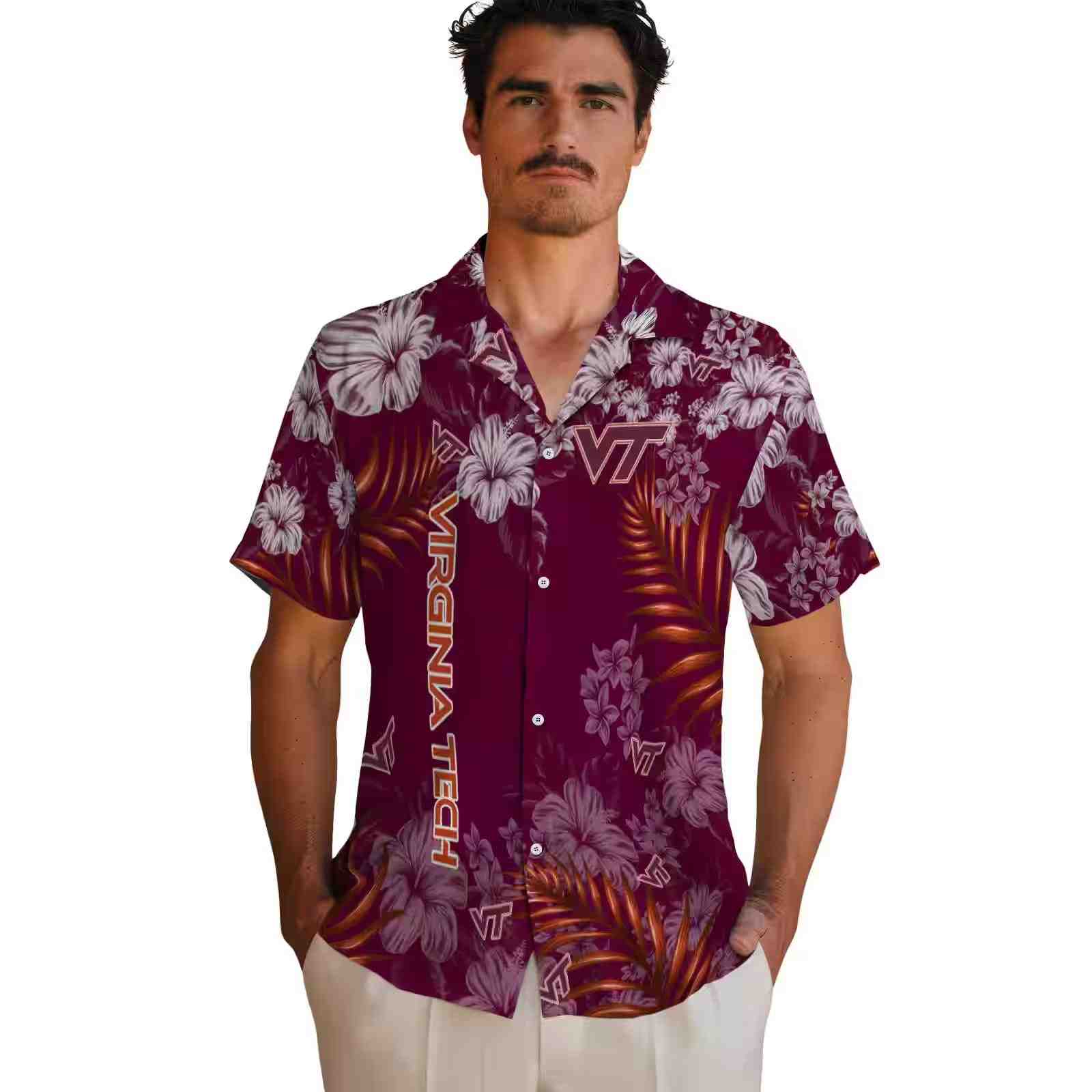 virginia tech hokies hibiscus print maroon hawaiian shirt fashion forward