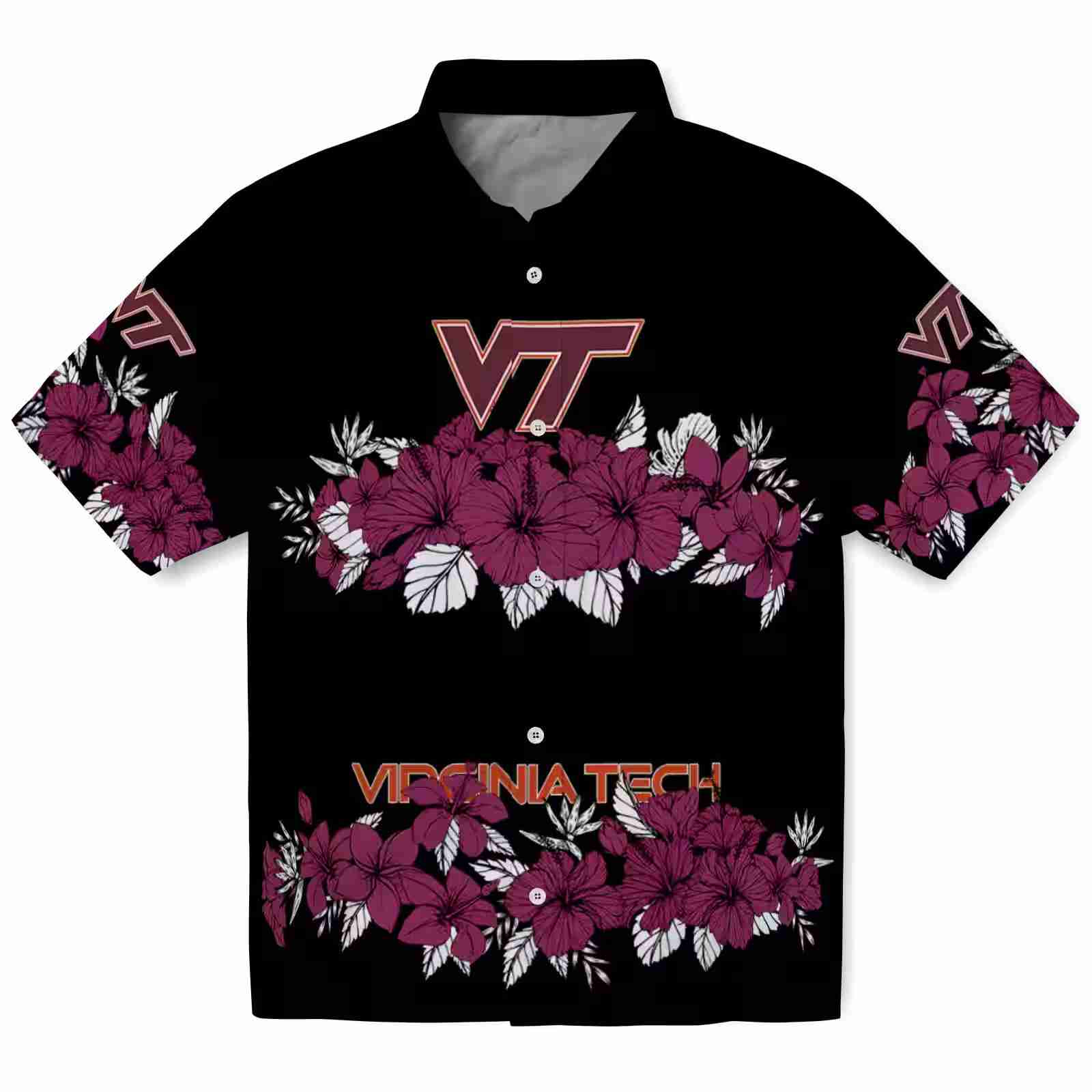 Virginia Tech Hokies Hibiscus Stripe Maroon Black Hawaiian Shirt