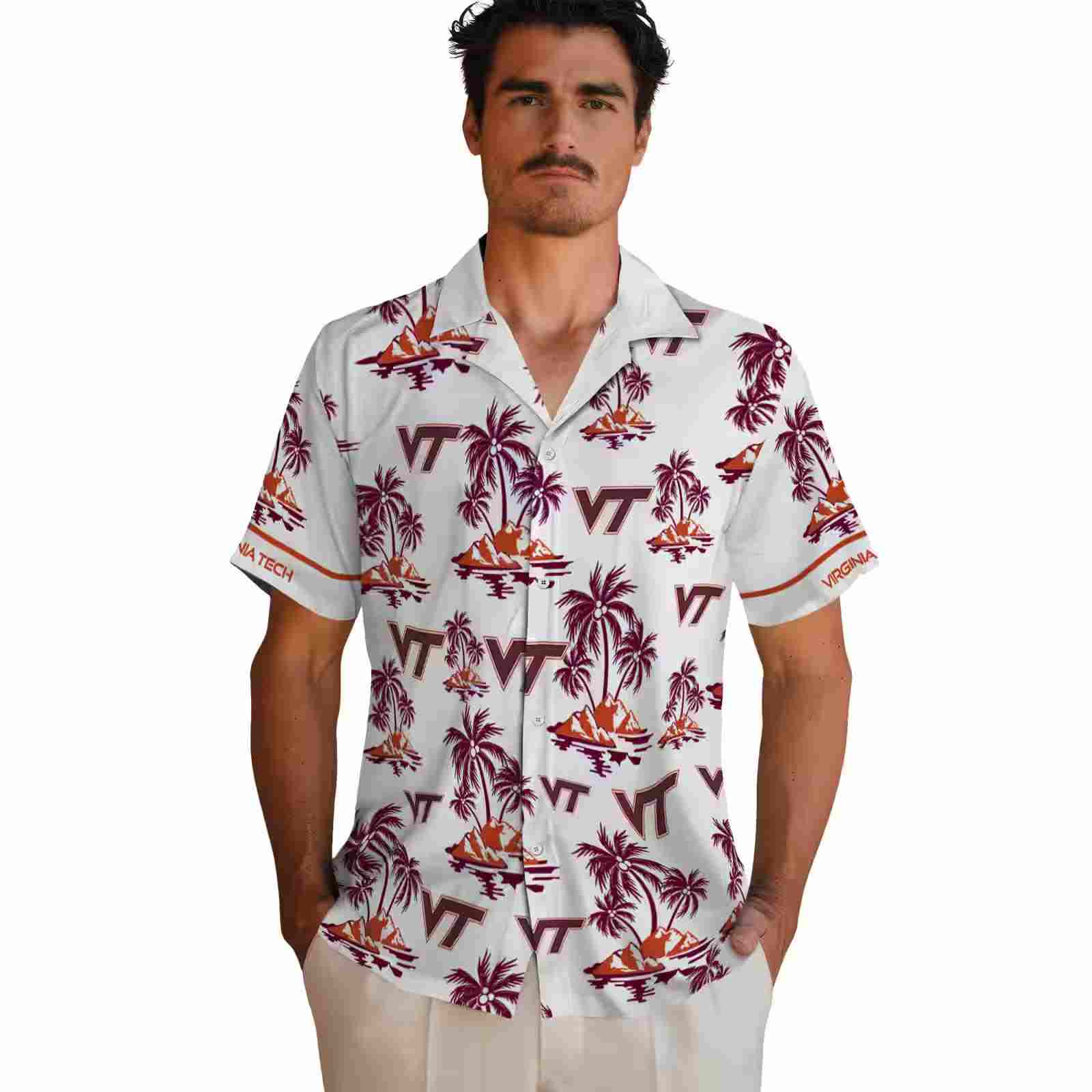 virginia tech hokies palm island print maroon white hawaiian shirt fashion forward