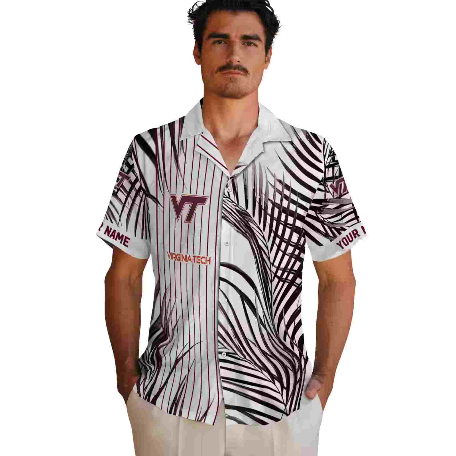 virginia tech hokies palm stripes maroon black white hawaiian shirt fashion forward