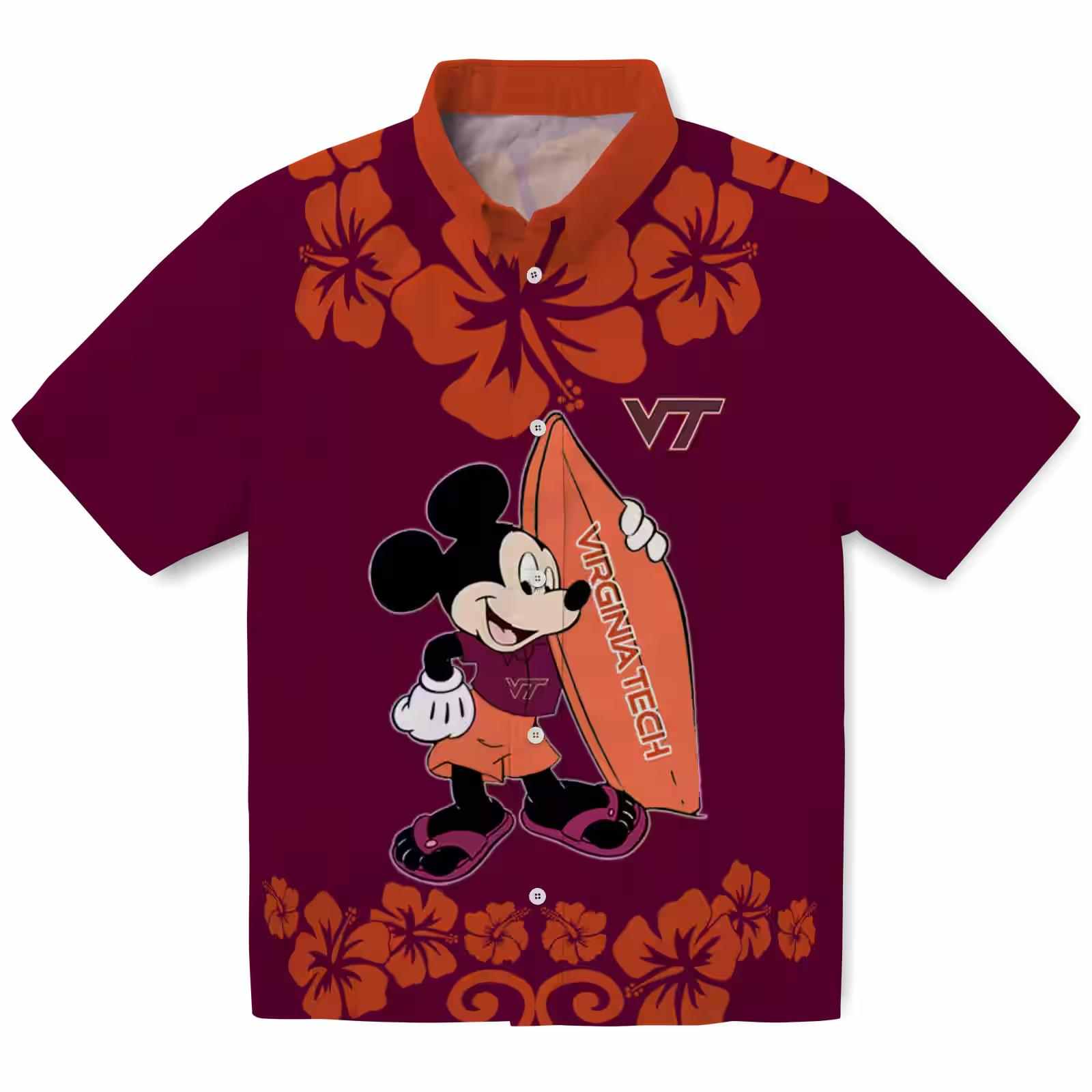 Virginia Tech Hokies Surfing Mickey Maroon Hawaiian Shirt