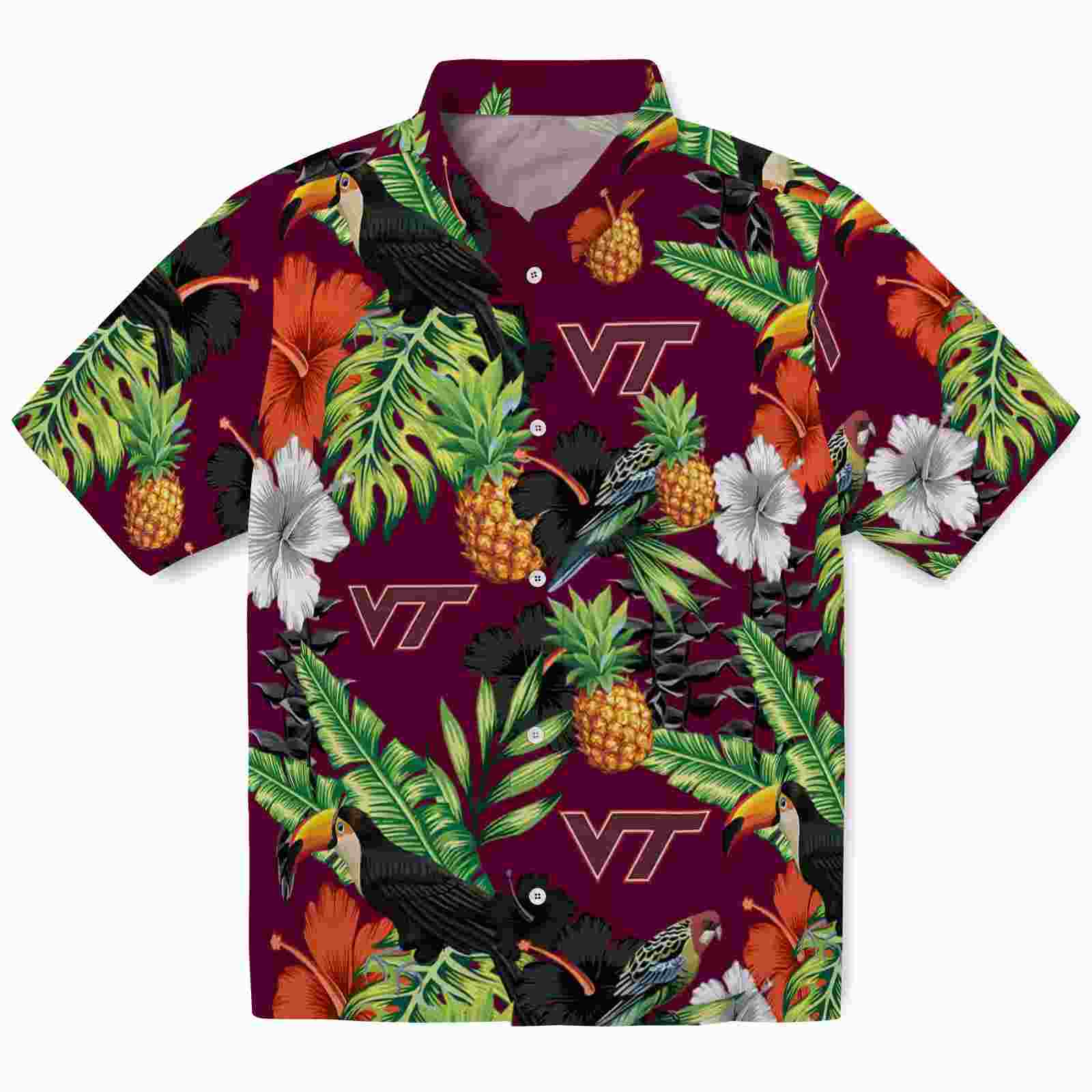 Virginia Tech Hokies Toucan Hibiscus Pineapple Maroon Green Hawaiian Shirt