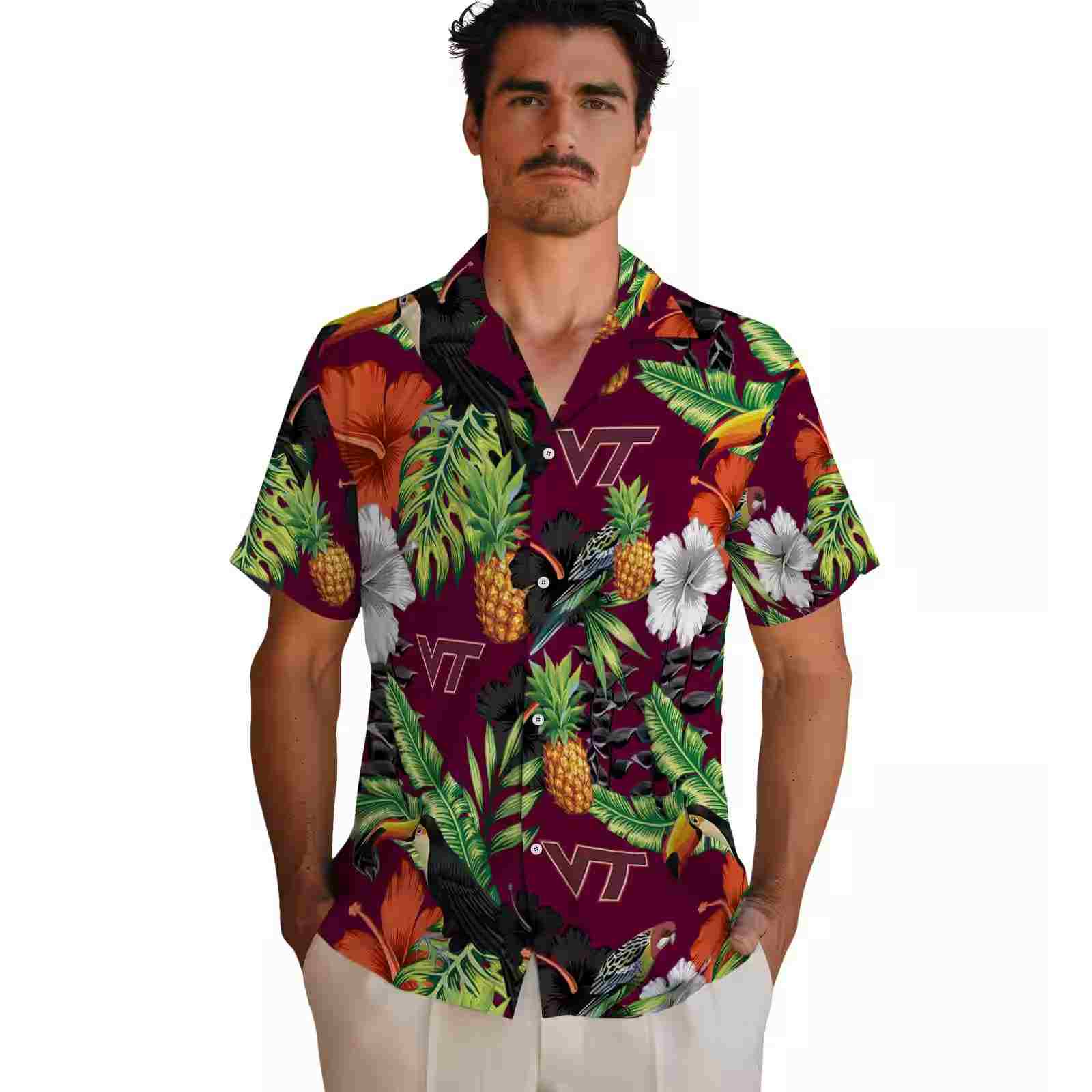 virginia tech hokies toucan hibiscus pineapple maroon green hawaiian shirt fashion forward