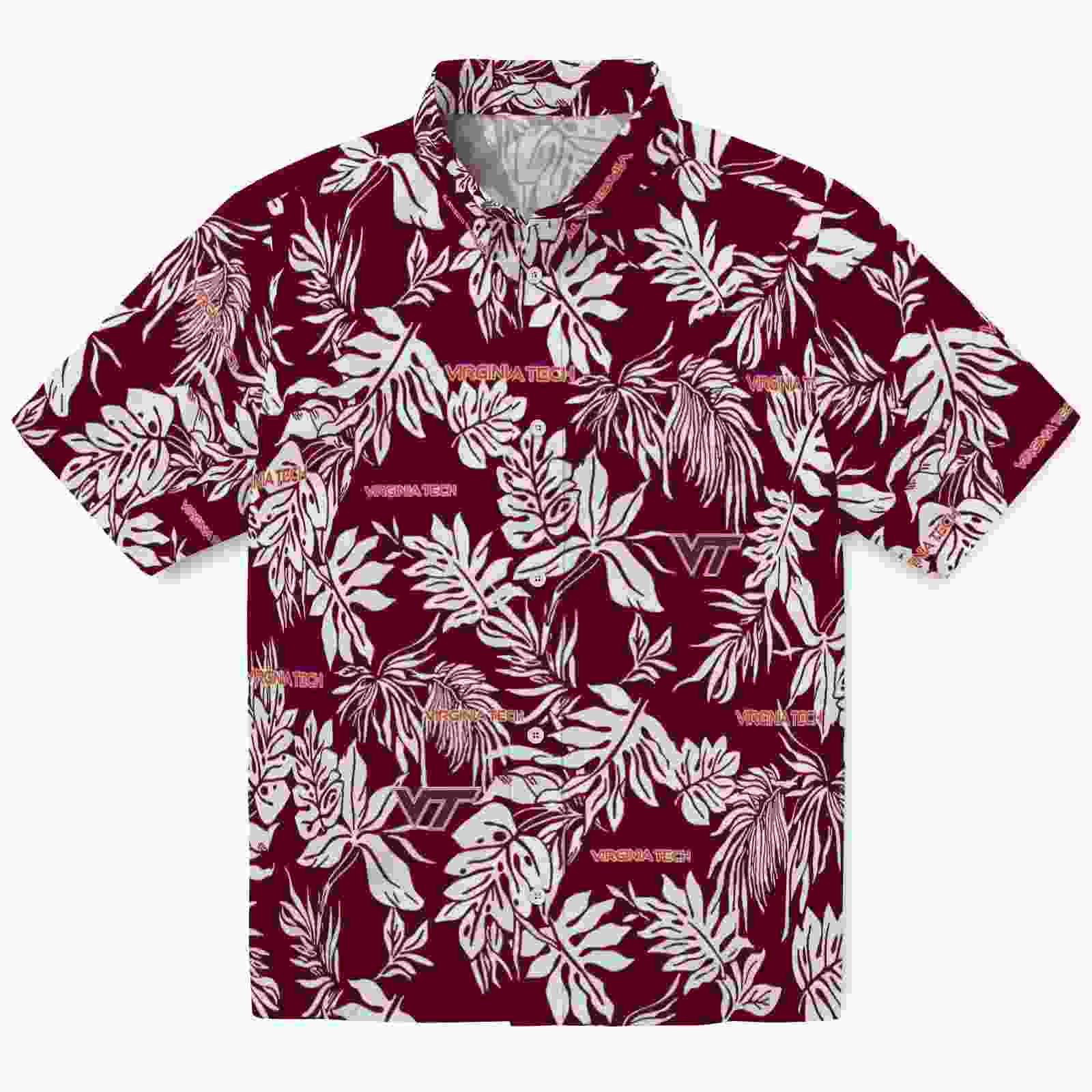 Virginia Tech Hokies Tropical Leaf Maroon White Hawaiian Shirt