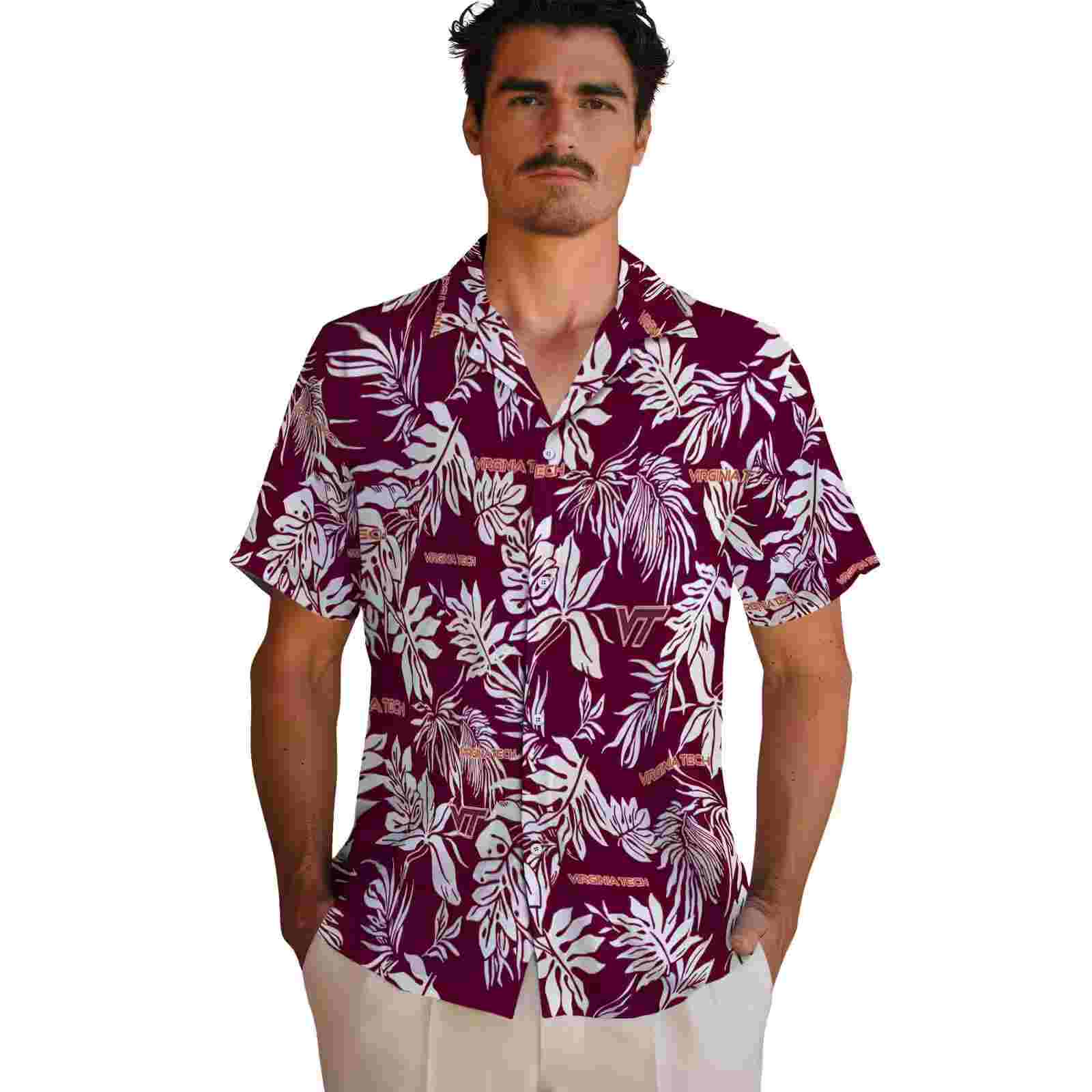 virginia tech hokies tropical leaf maroon white hawaiian shirt fashion forward