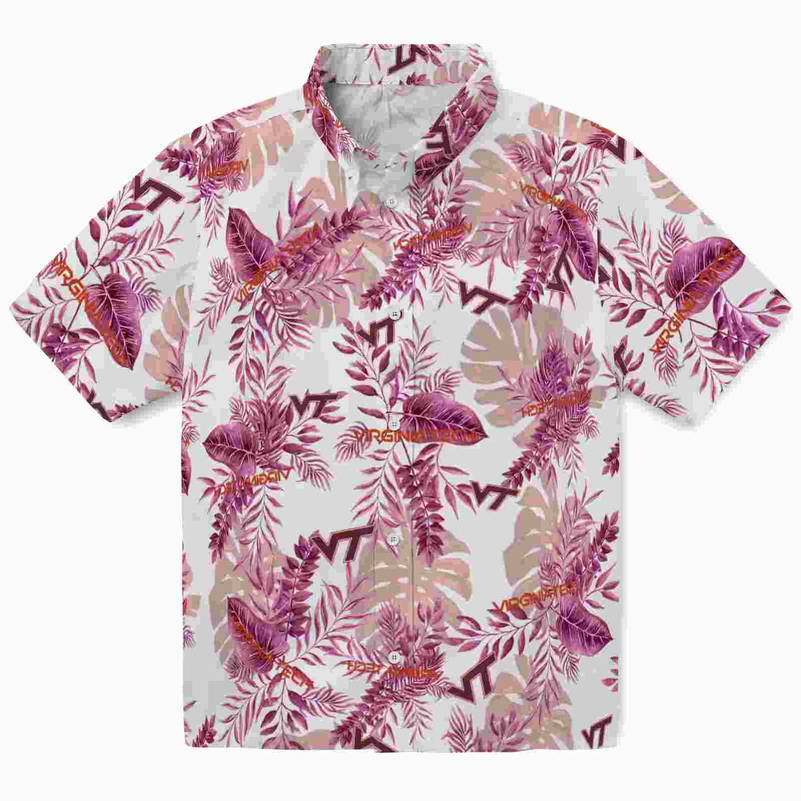 Virginia Tech Hokies Tropical Leaves Maroon White Hawaiian Shirt