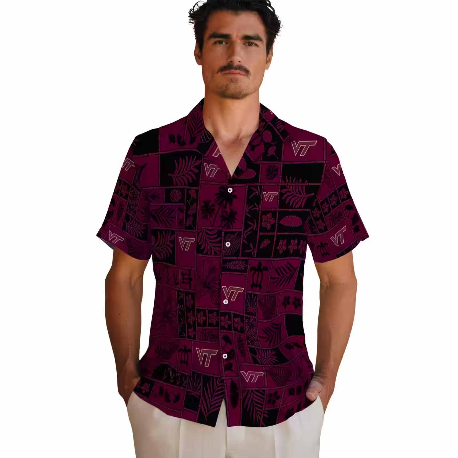 virginia tech hokies tropical patchwork maroon black hawaiian shirt fashion forward