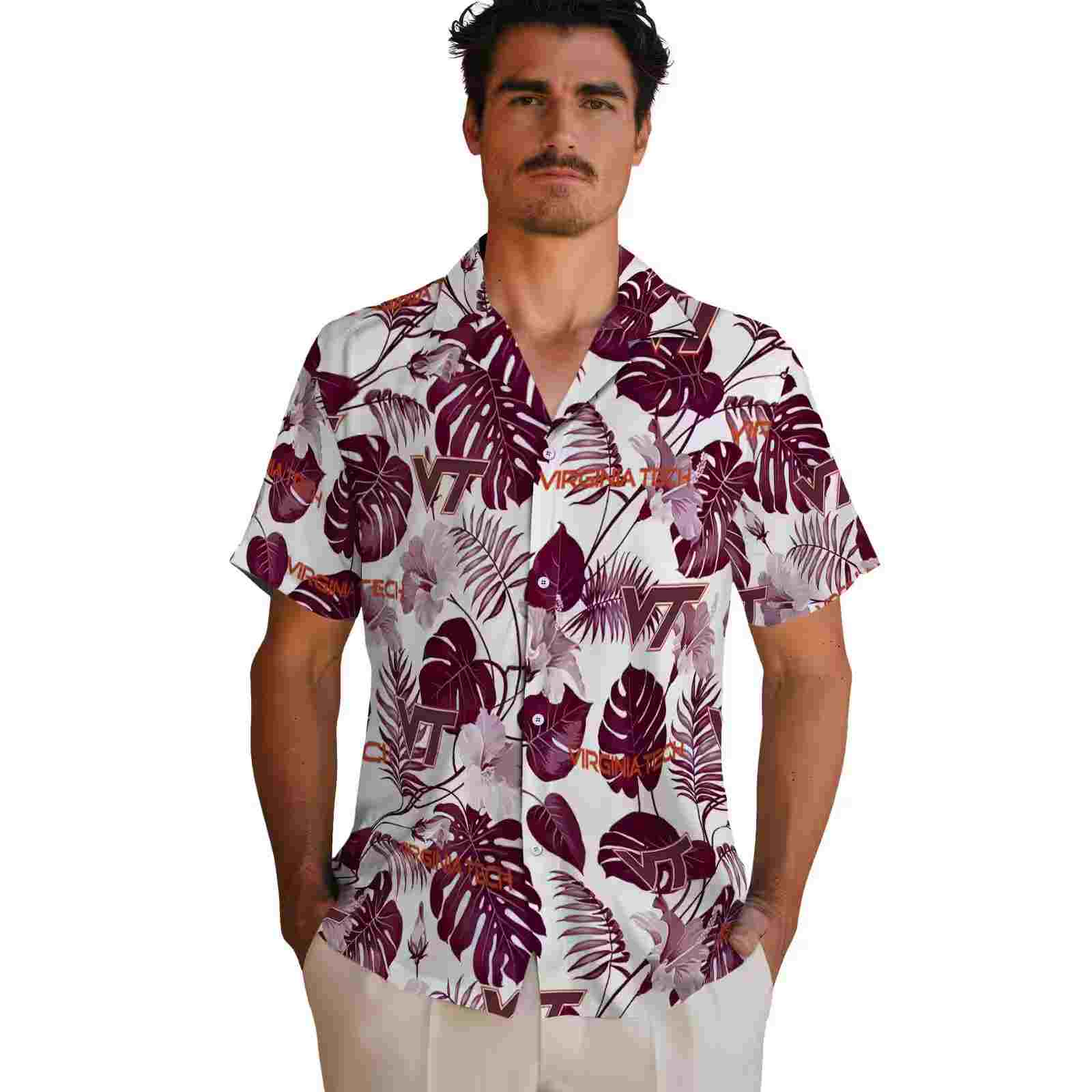 virginia tech hokies tropical plants maroon white hawaiian shirt fashion forward