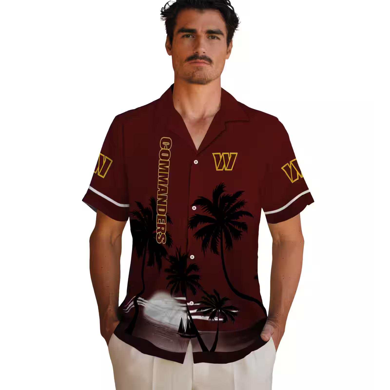 washington commanders beach sunset burgundy black hawaiian shirt fashion forward