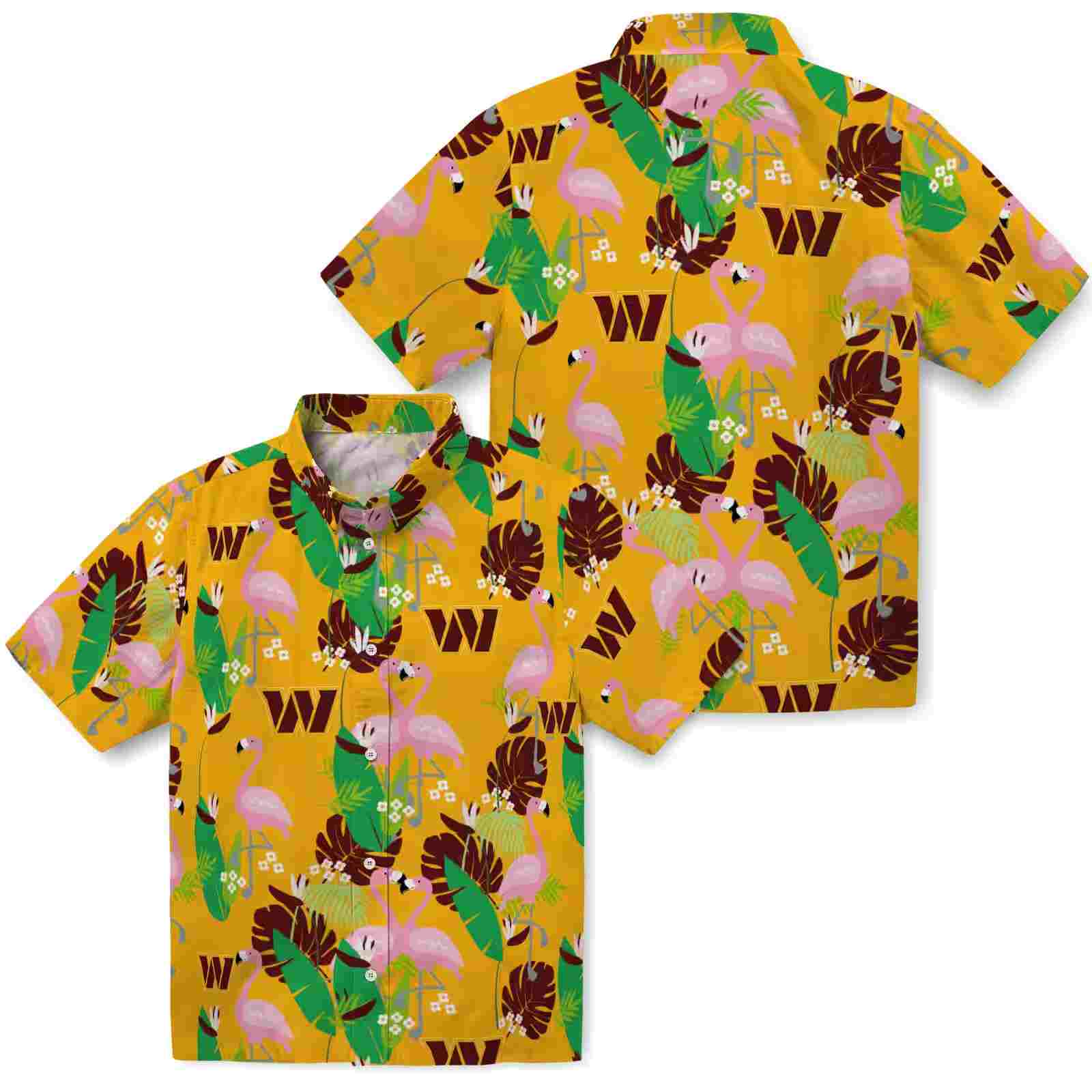 washington commanders flamingo foliage burgundy green hawaiian shirt high quality