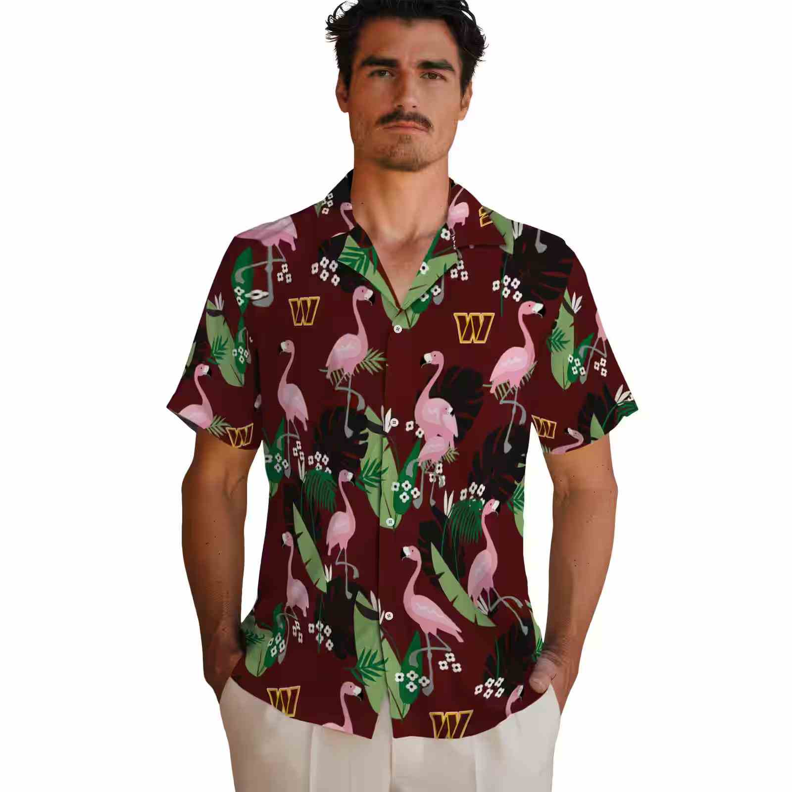 washington commanders flamingo leaf motif burgundy hawaiian shirt fashion forward