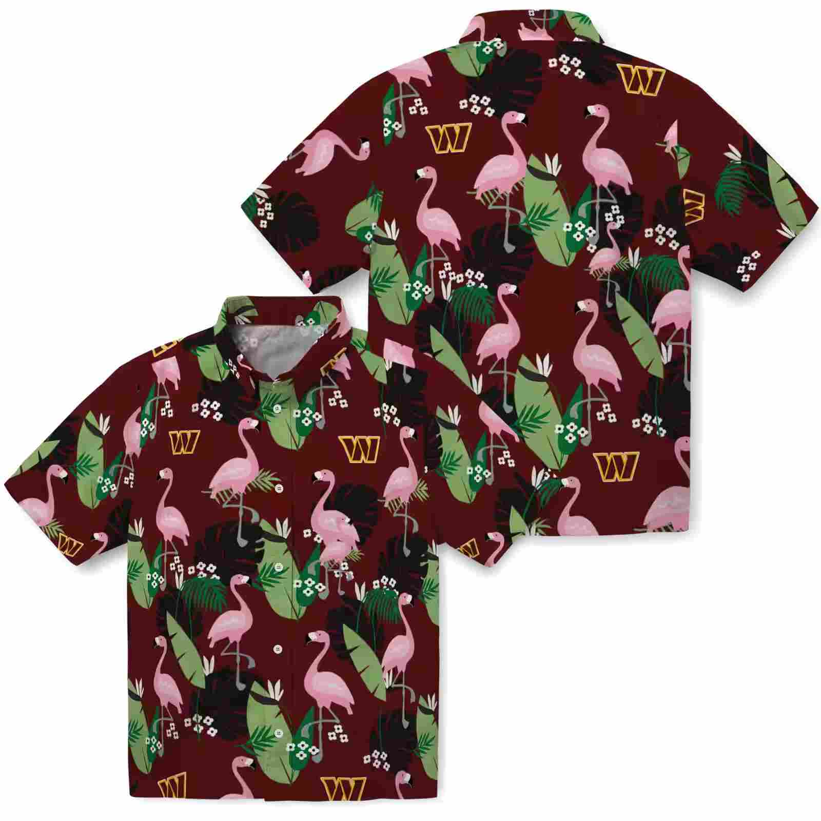 washington commanders flamingo leaf motif burgundy hawaiian shirt high quality