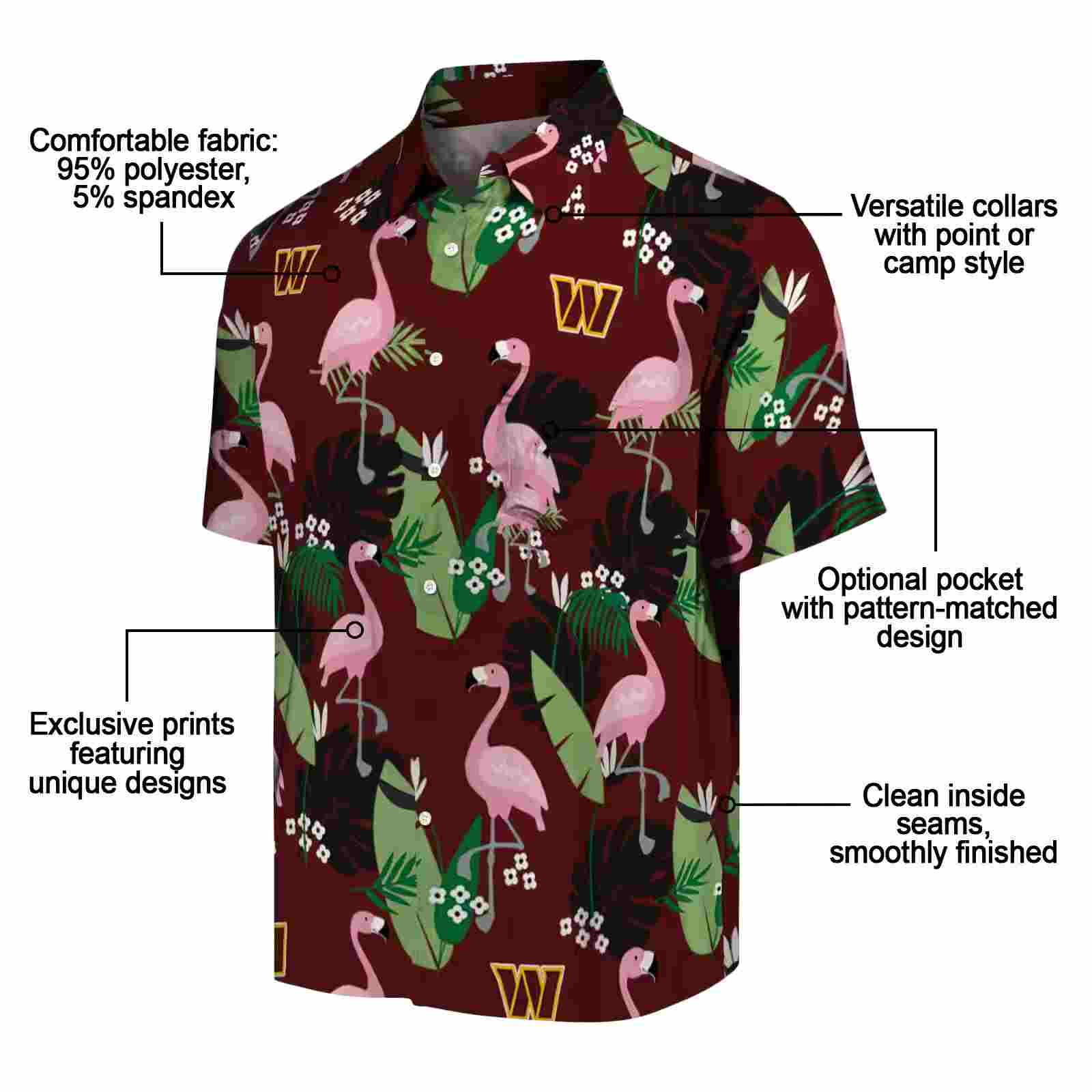 washington commanders flamingo leaf motif burgundy hawaiian shirt new arrival