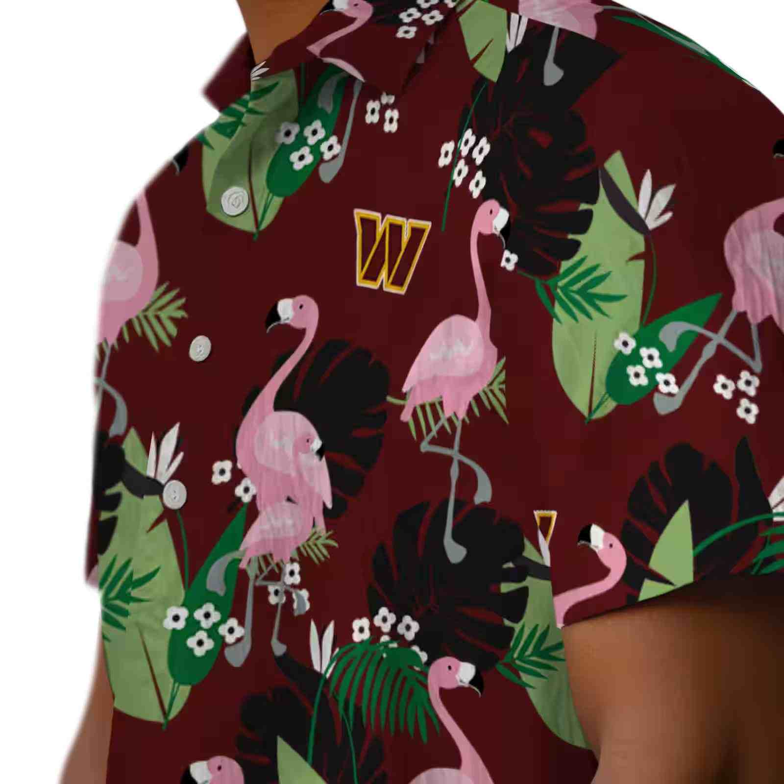 washington commanders flamingo leaf motif burgundy hawaiian shirt trendy