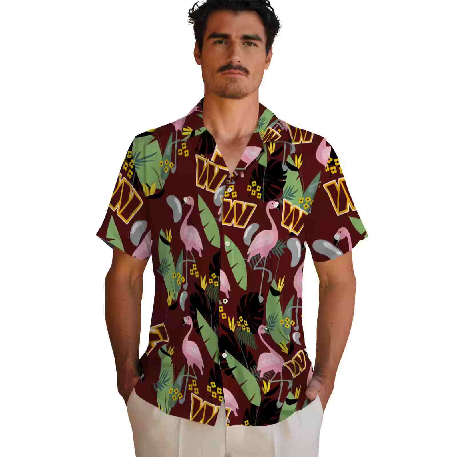 washington commanders flamingo leaves burgundy hawaiian shirt fashion forward