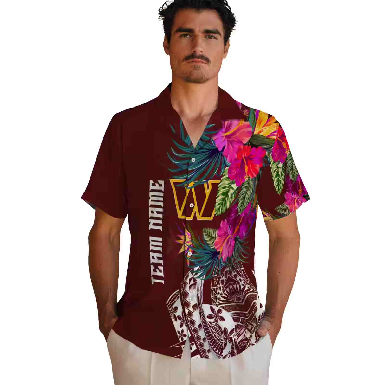 washington commanders floral polynesian burgundy hawaiian shirt fashion forward