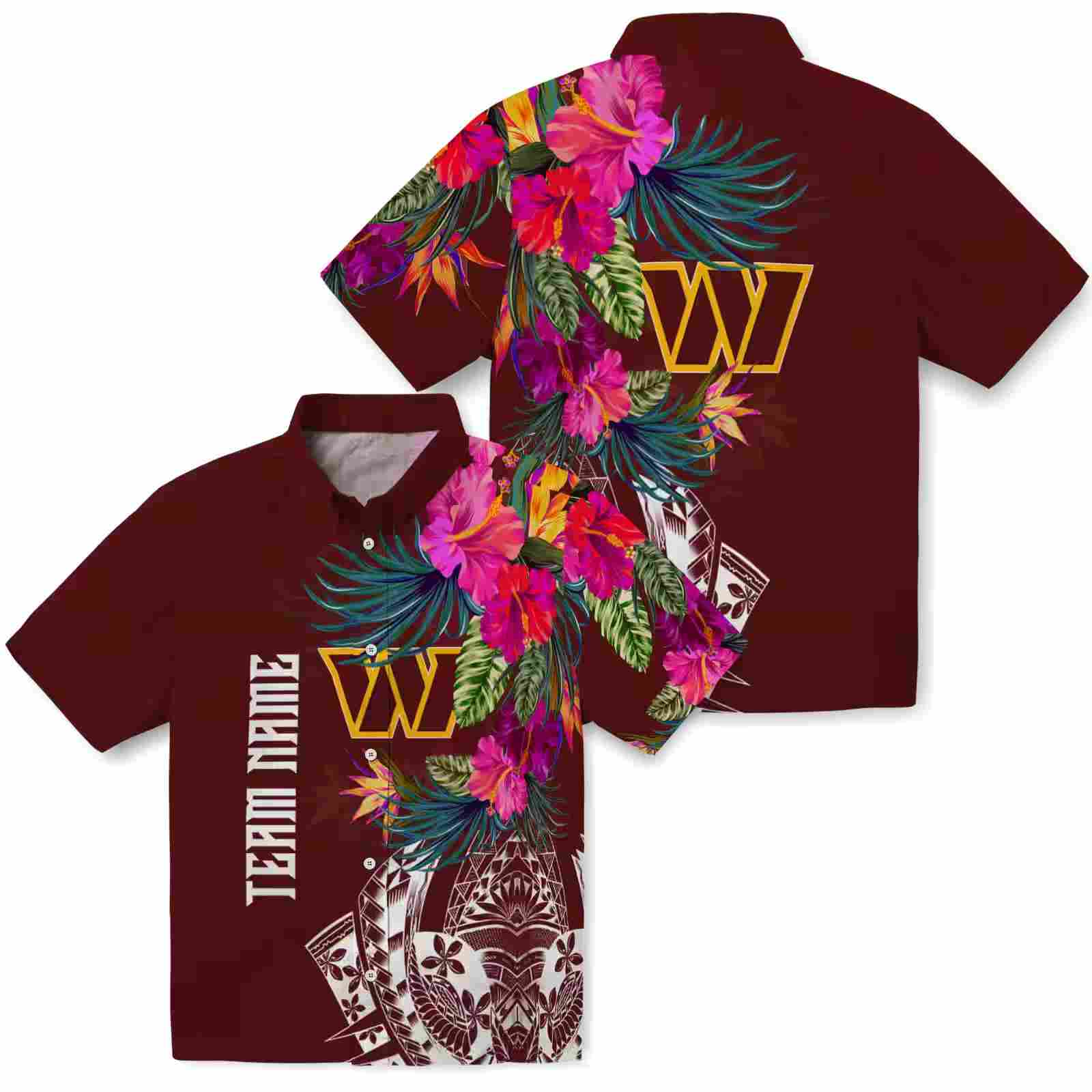 washington commanders floral polynesian burgundy hawaiian shirt high quality