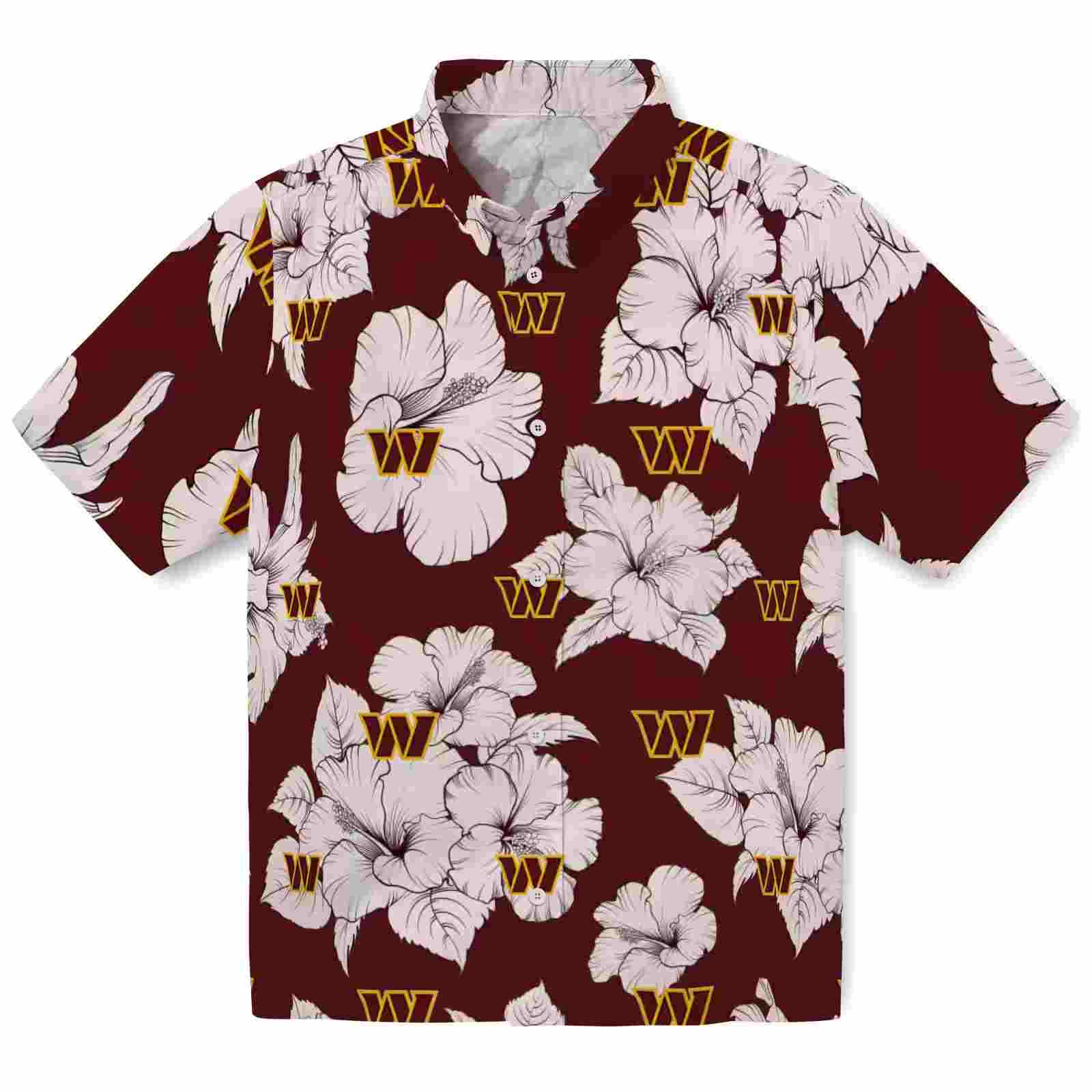 Washington Commanders Hibiscus Blooms Burgundy White Hawaiian Shirt