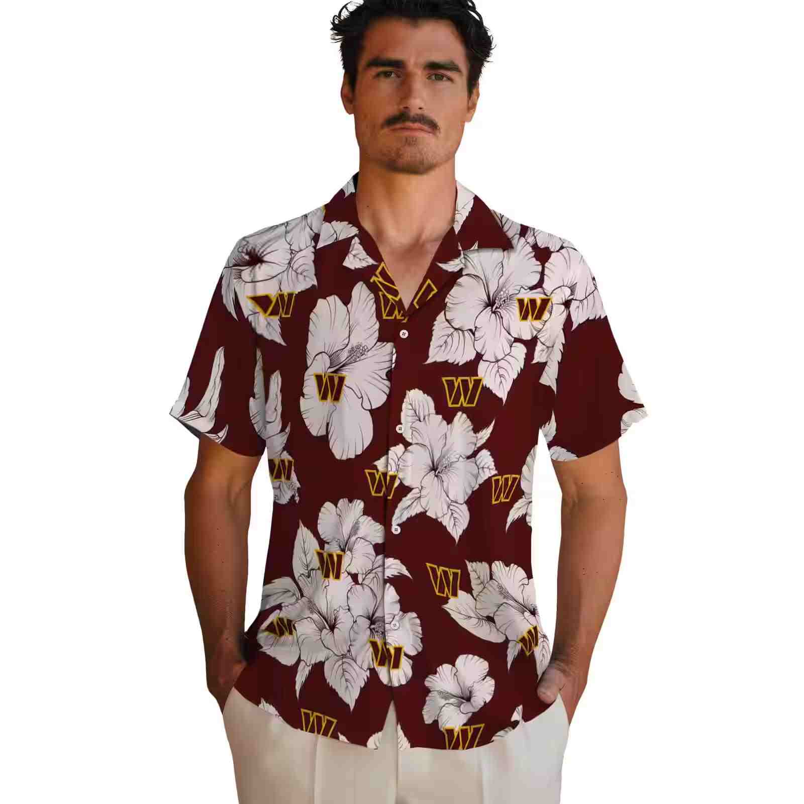 washington commanders hibiscus blooms burgundy white hawaiian shirt fashion forward