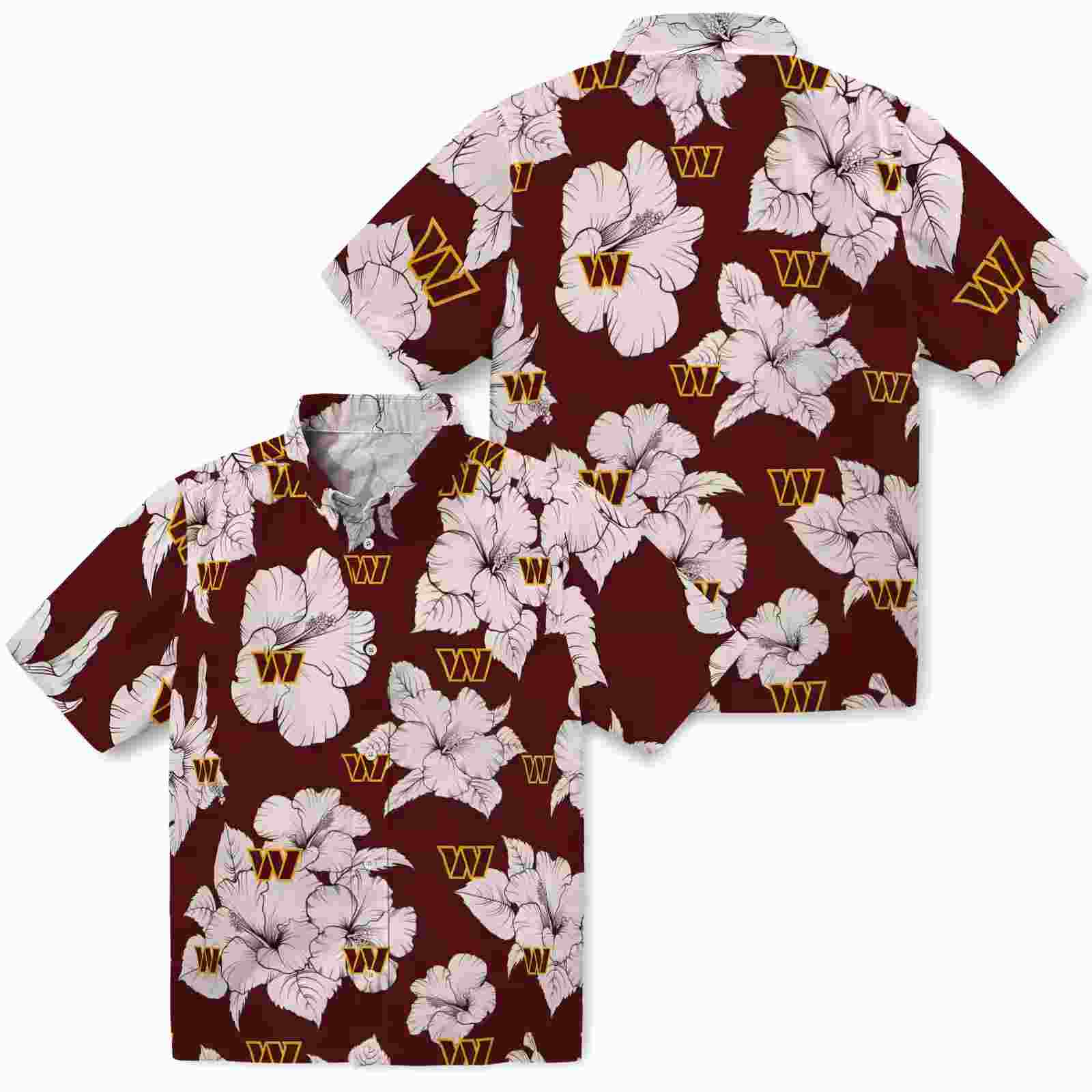 washington commanders hibiscus blooms burgundy white hawaiian shirt high quality