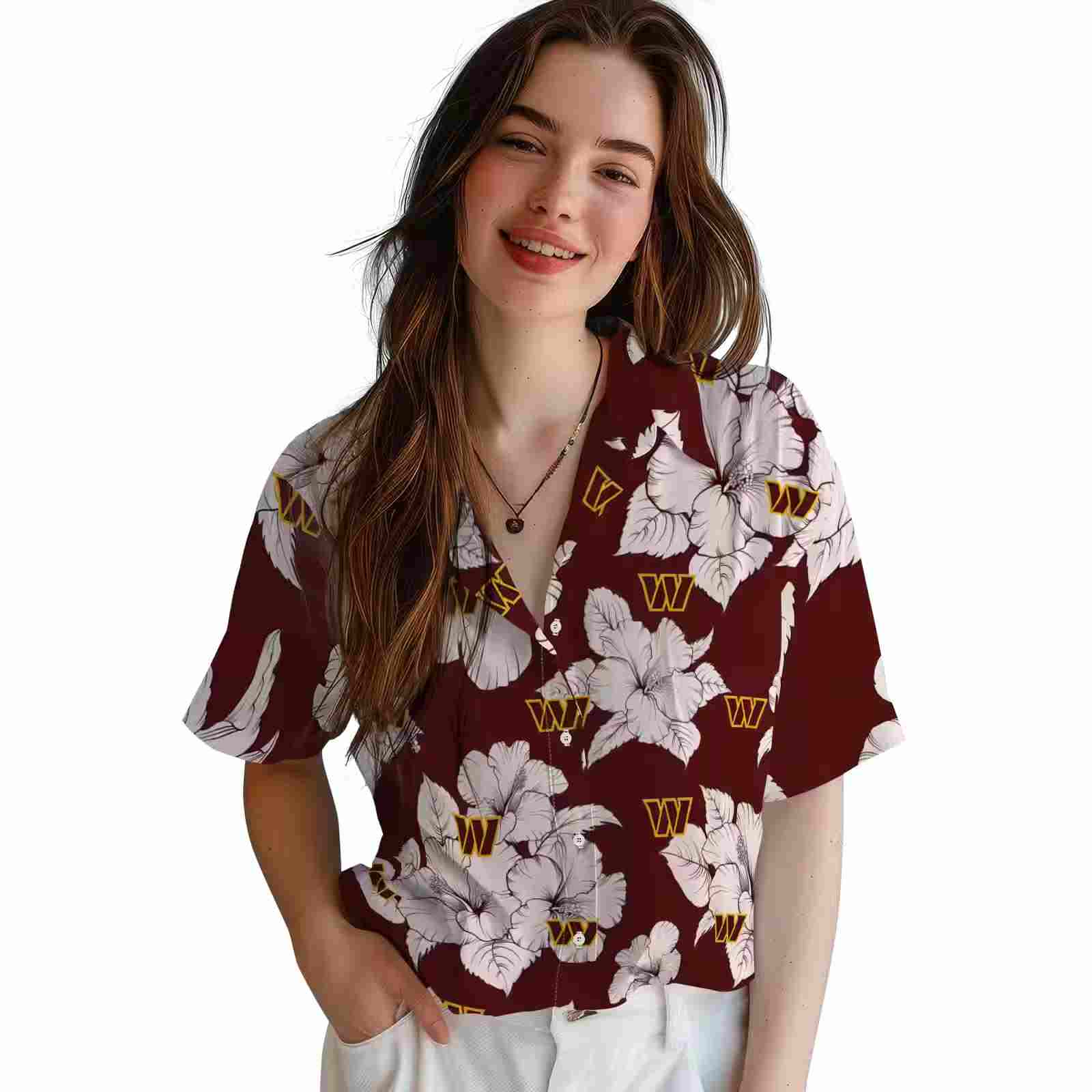 washington commanders hibiscus blooms burgundy white hawaiian shirt latest model