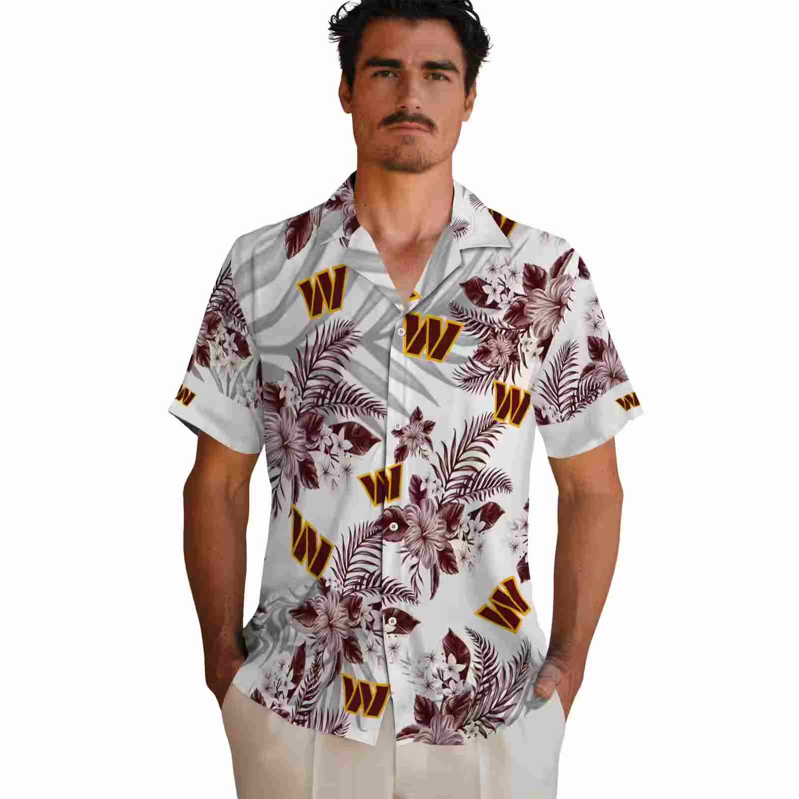 washington commanders hibiscus palm leaves burgundy white hawaiian shirt fashion forward