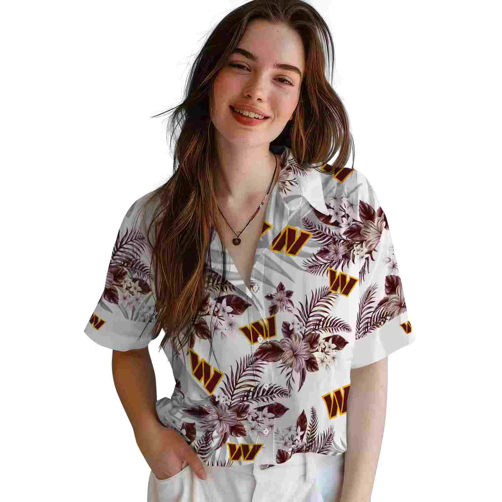 washington commanders hibiscus palm leaves burgundy white hawaiian shirt latest model