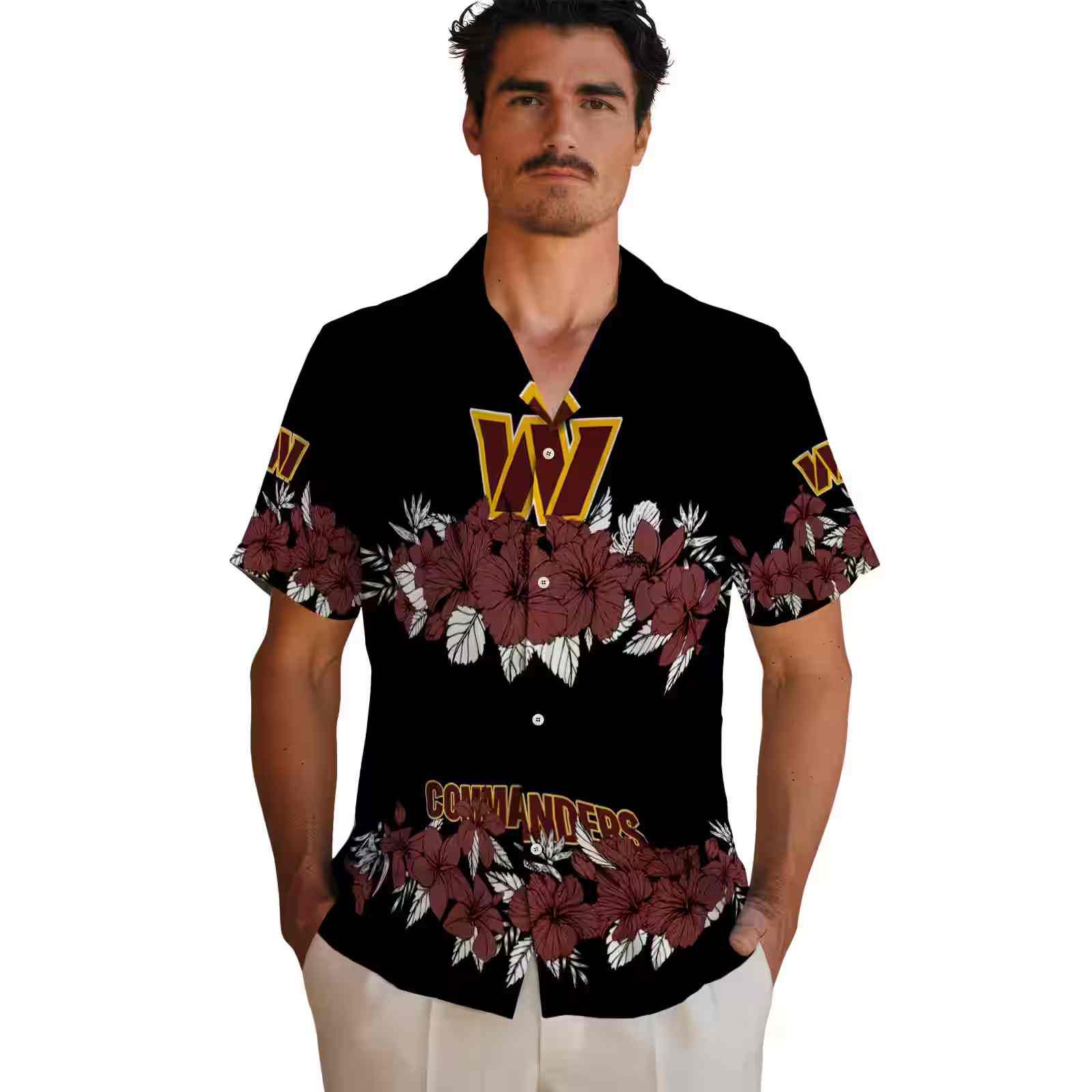 washington commanders hibiscus stripe burgundy black hawaiian shirt fashion forward