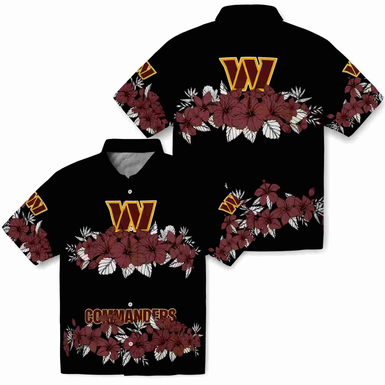 washington commanders hibiscus stripe burgundy black hawaiian shirt high quality