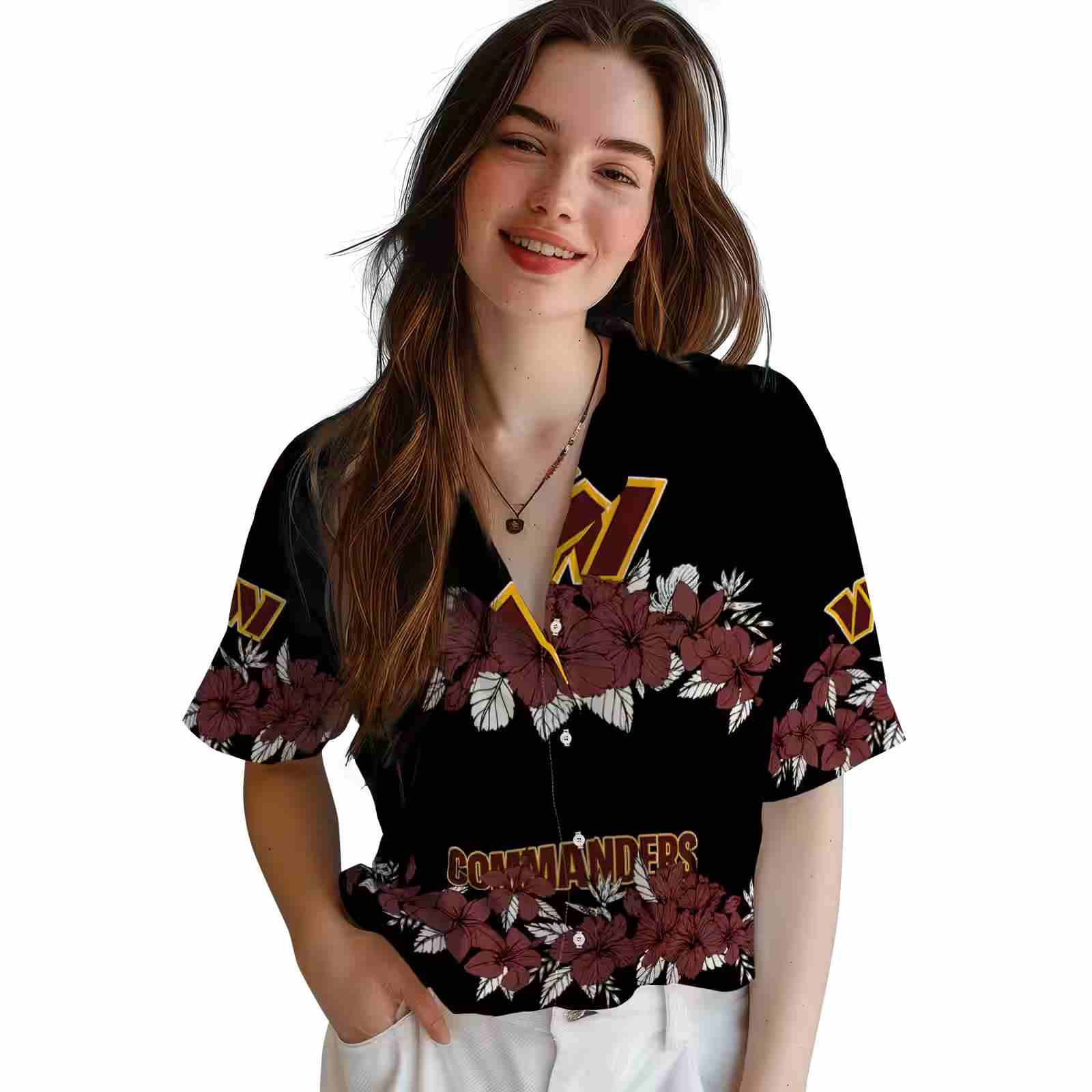 washington commanders hibiscus stripe burgundy black hawaiian shirt latest model