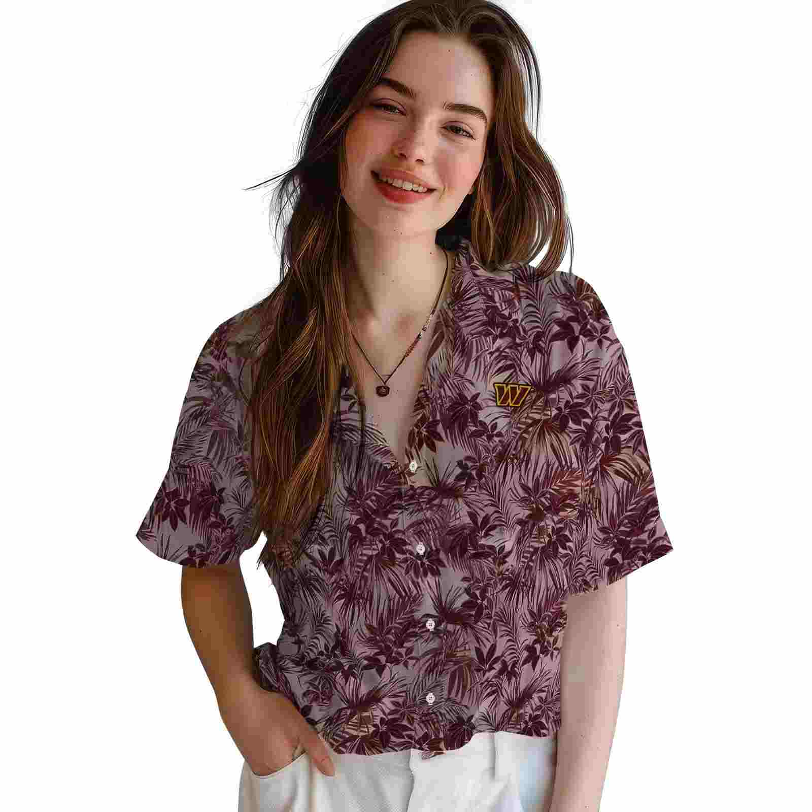 washington commanders leafy pattern burgundy hawaiian shirt latest model