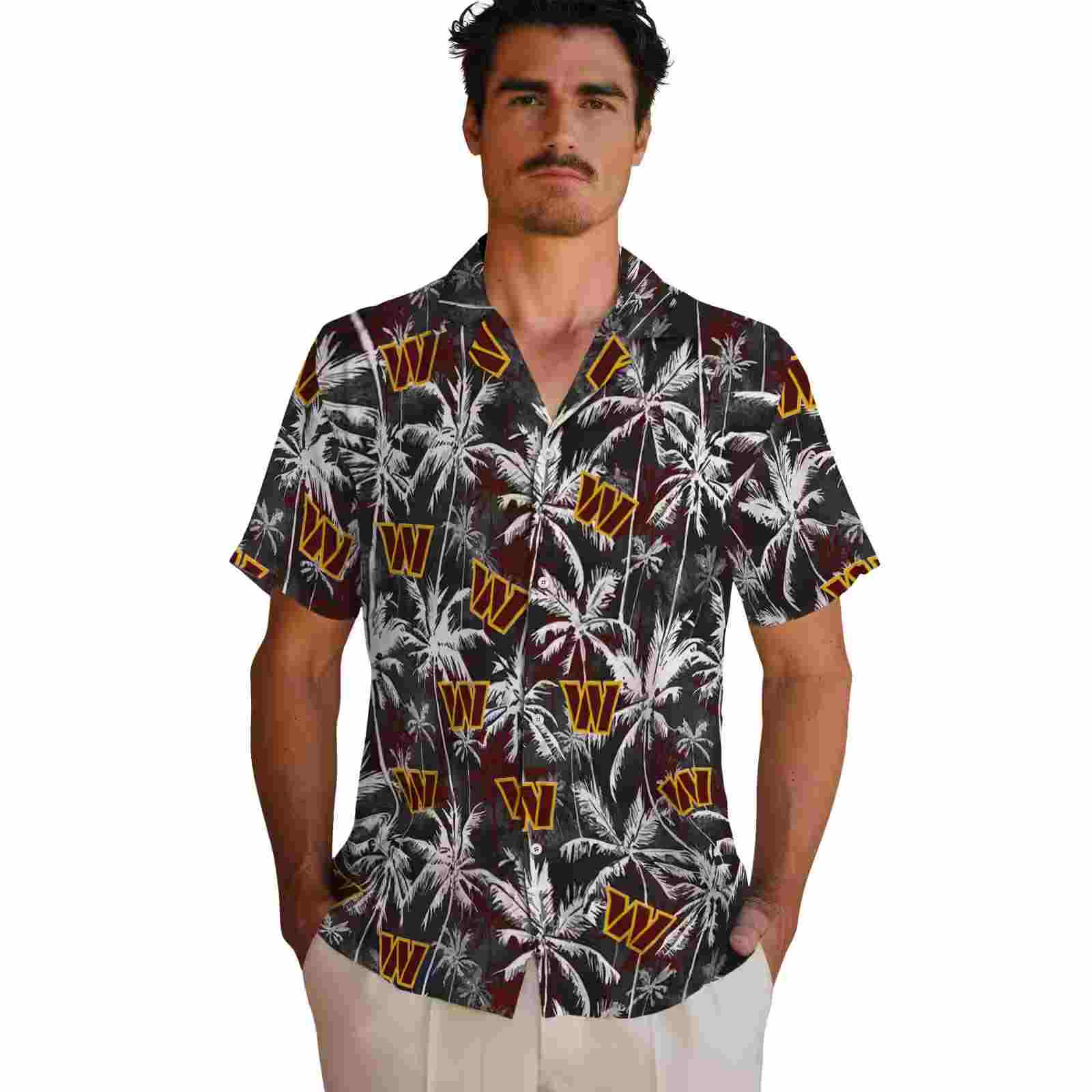 washington commanders palm pattern burgundy black hawaiian shirt fashion forward