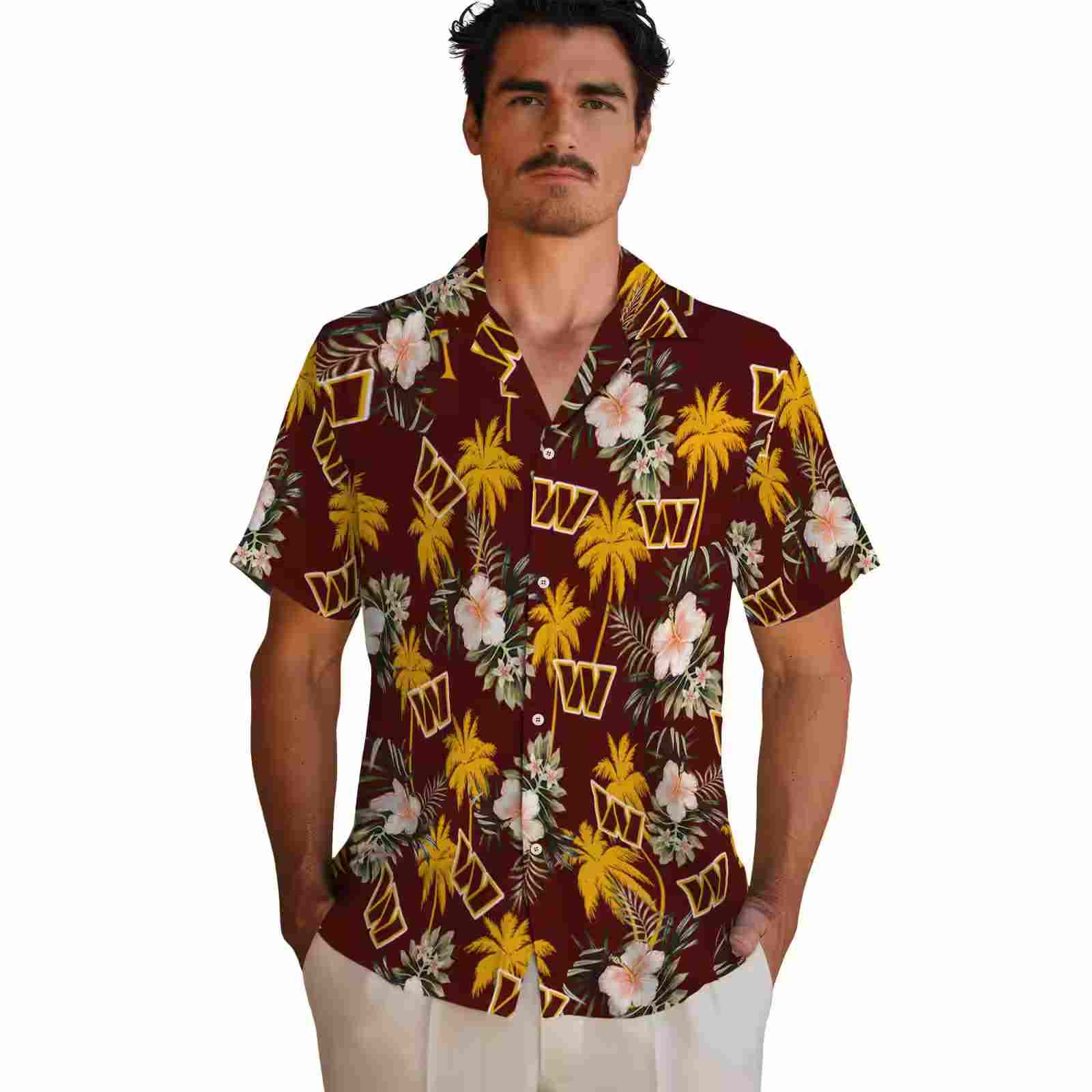 washington commanders palm tree flower burgundy hawaiian shirt fashion forward