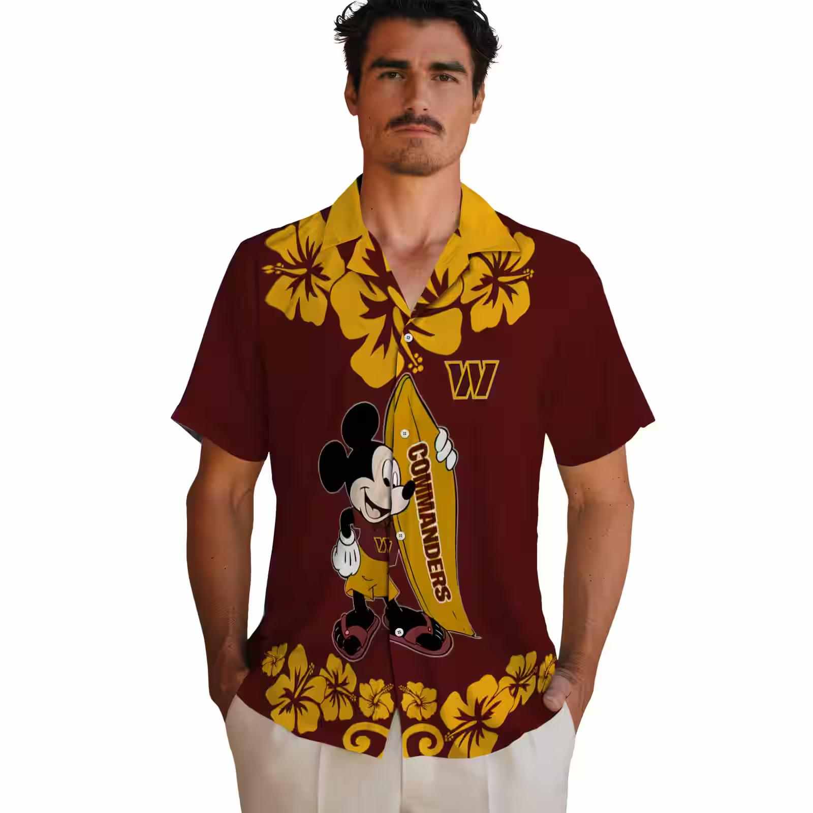 washington commanders surfing mickey burgundy hawaiian shirt fashion forward