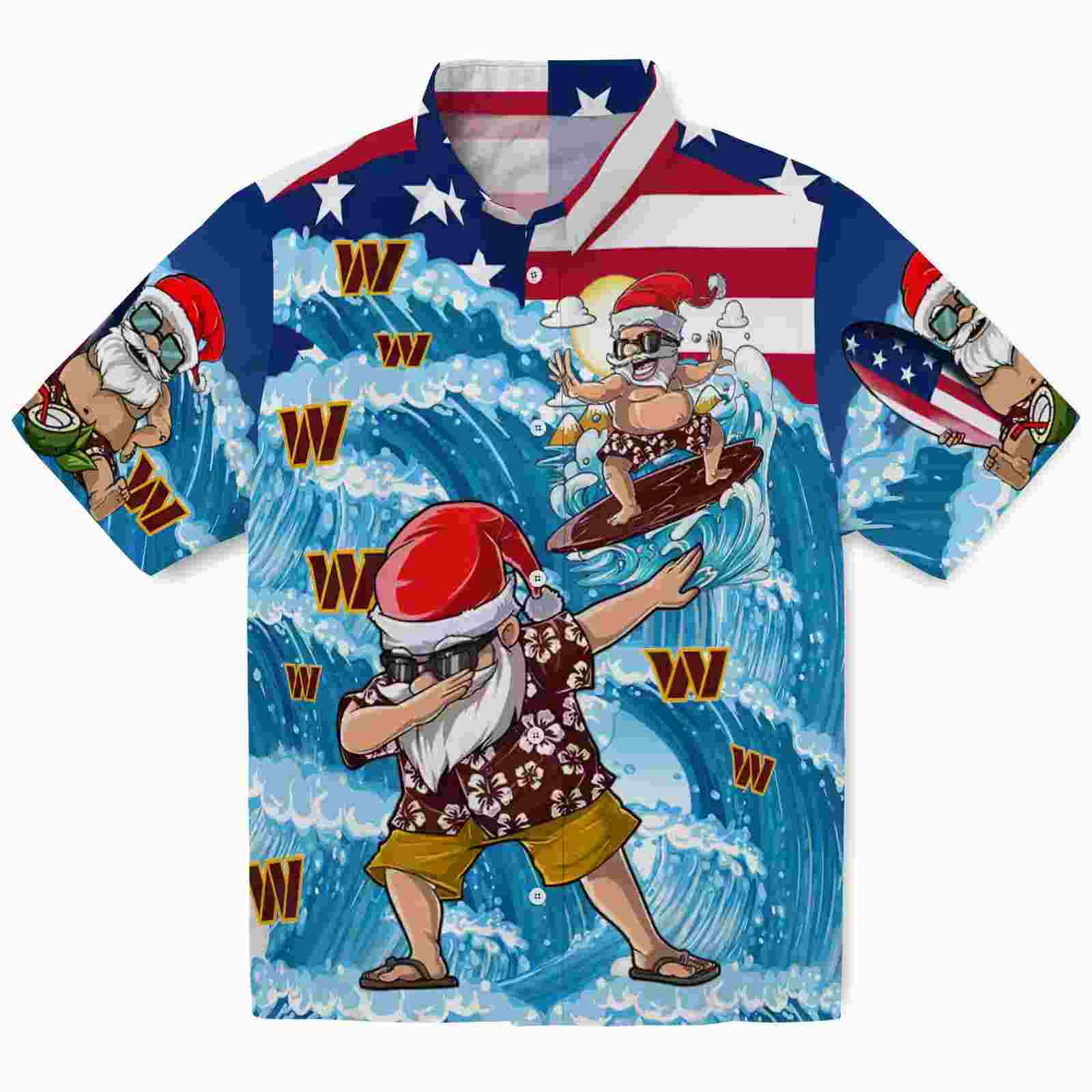 Washington Commanders Surfing Santa Blue Hawaiian Shirt