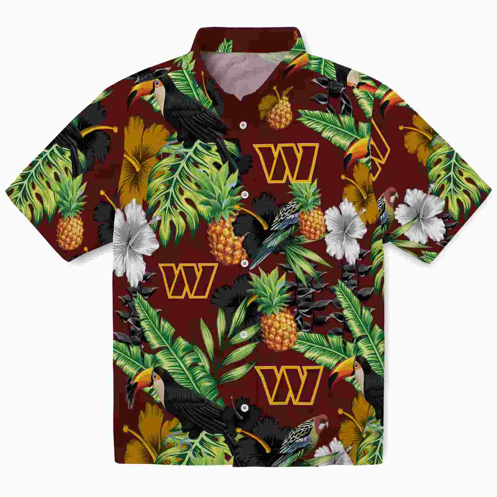 Washington Commanders Toucan Hibiscus Pineapple Burgundy Green Hawaiian Shirt