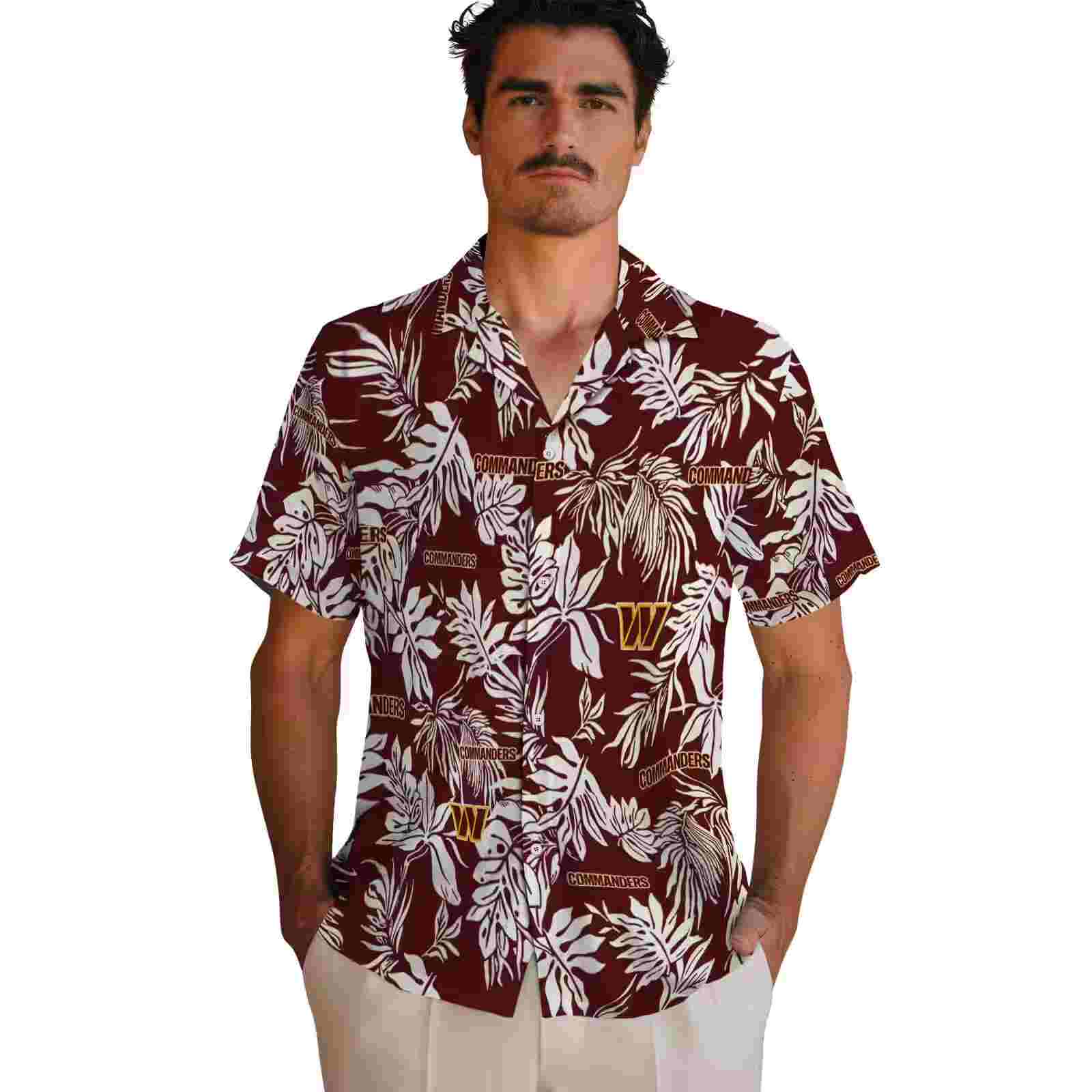 washington commanders tropical leaf burgundy white hawaiian shirt fashion forward