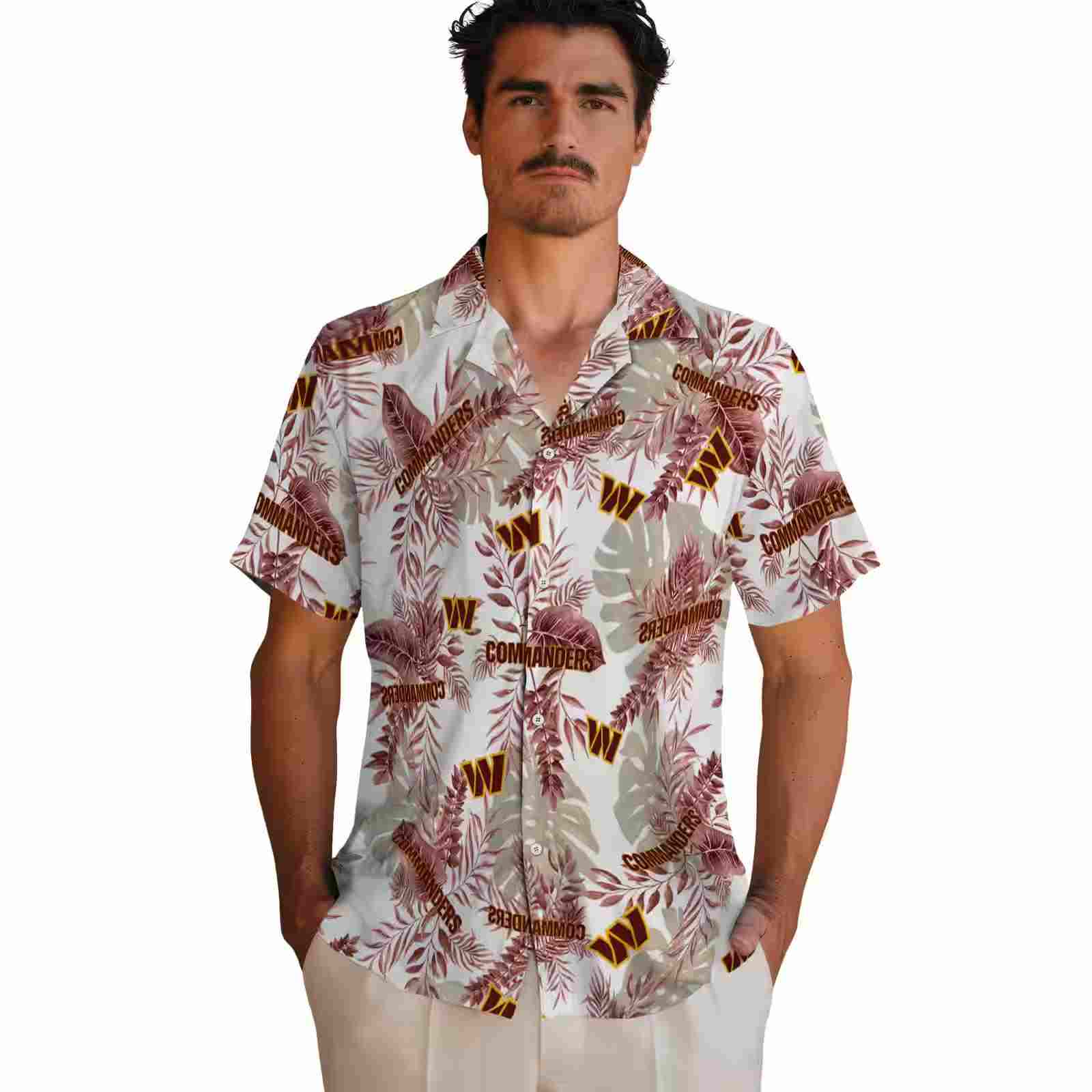 washington commanders tropical leaves burgundy white hawaiian shirt fashion forward