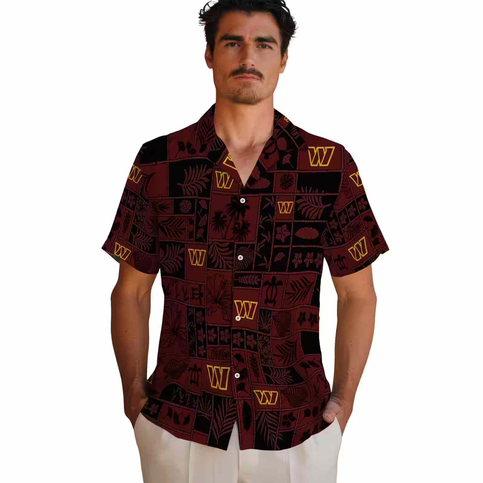 washington commanders tropical patchwork burgundy black hawaiian shirt fashion forward