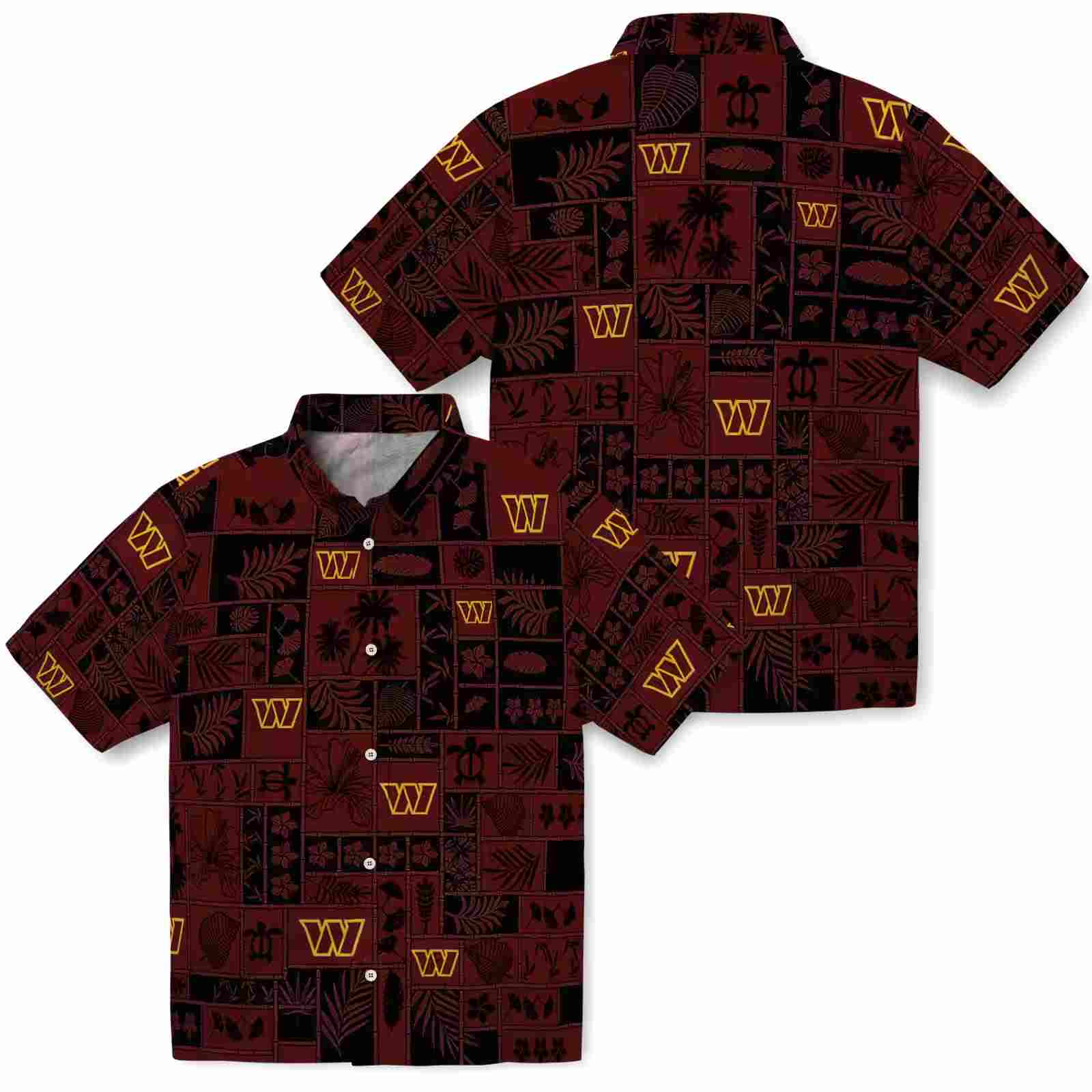 washington commanders tropical patchwork burgundy black hawaiian shirt high quality