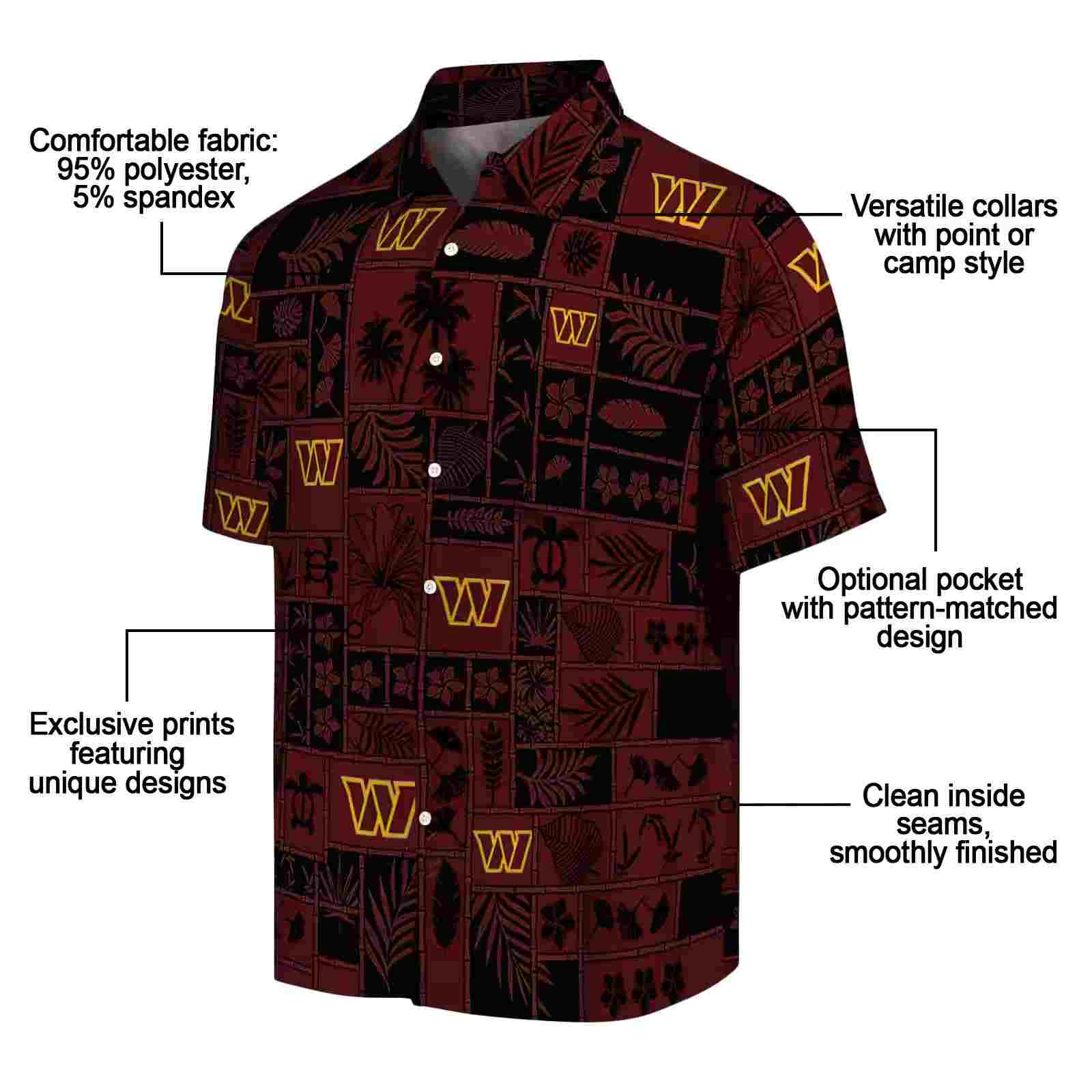 washington commanders tropical patchwork burgundy black hawaiian shirt new arrival