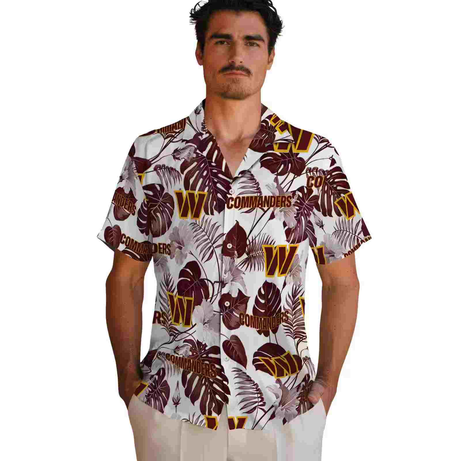 washington commanders tropical plants burgundy white hawaiian shirt fashion forward