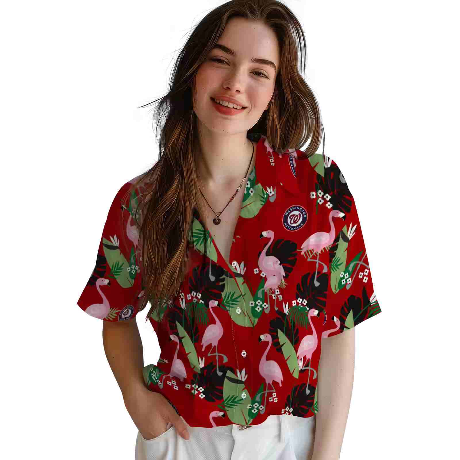 washington nationals flamingo leaf motif red hawaiian shirt latest model