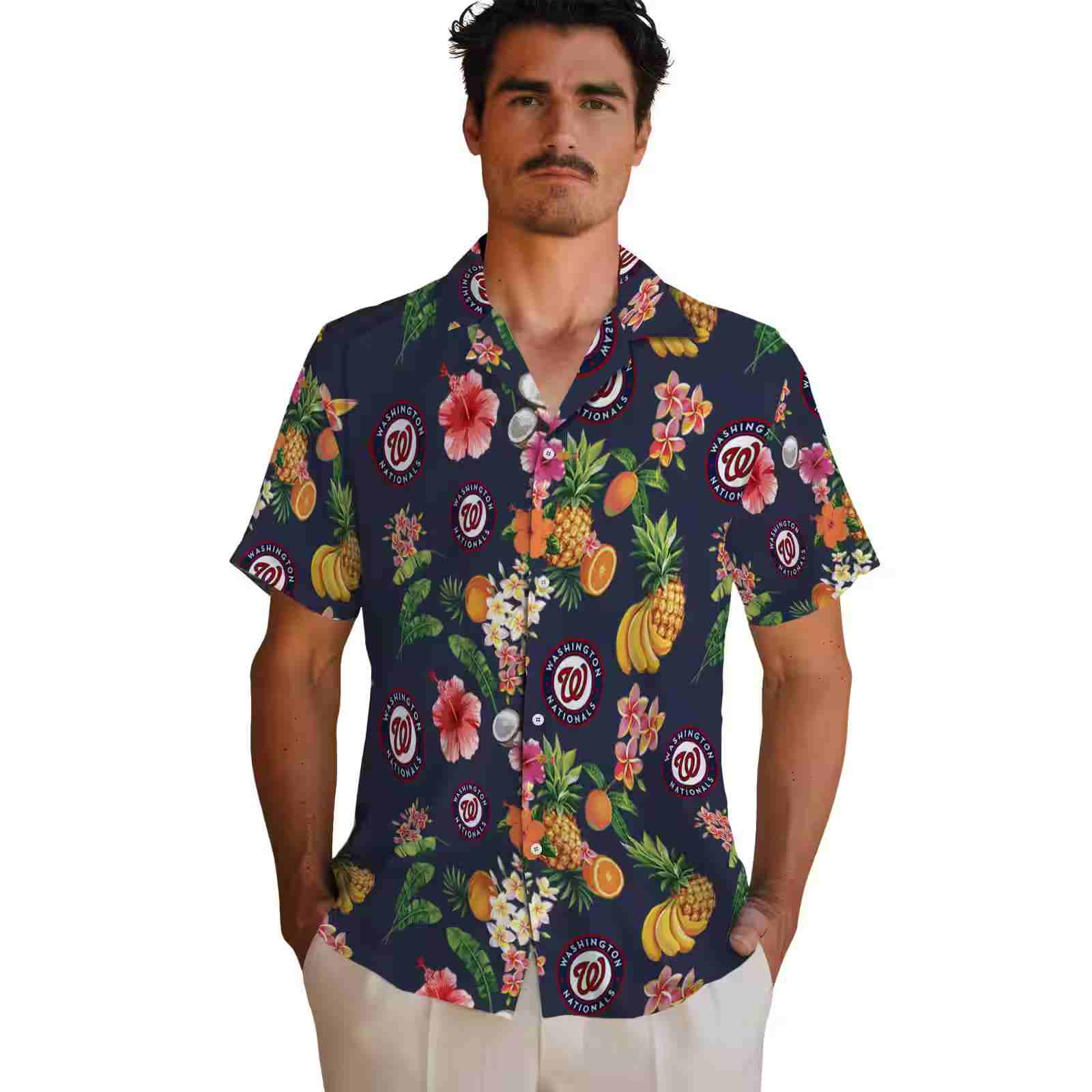 washington nationals hibiscus and fruit navy blue hawaiian shirt fashion forward