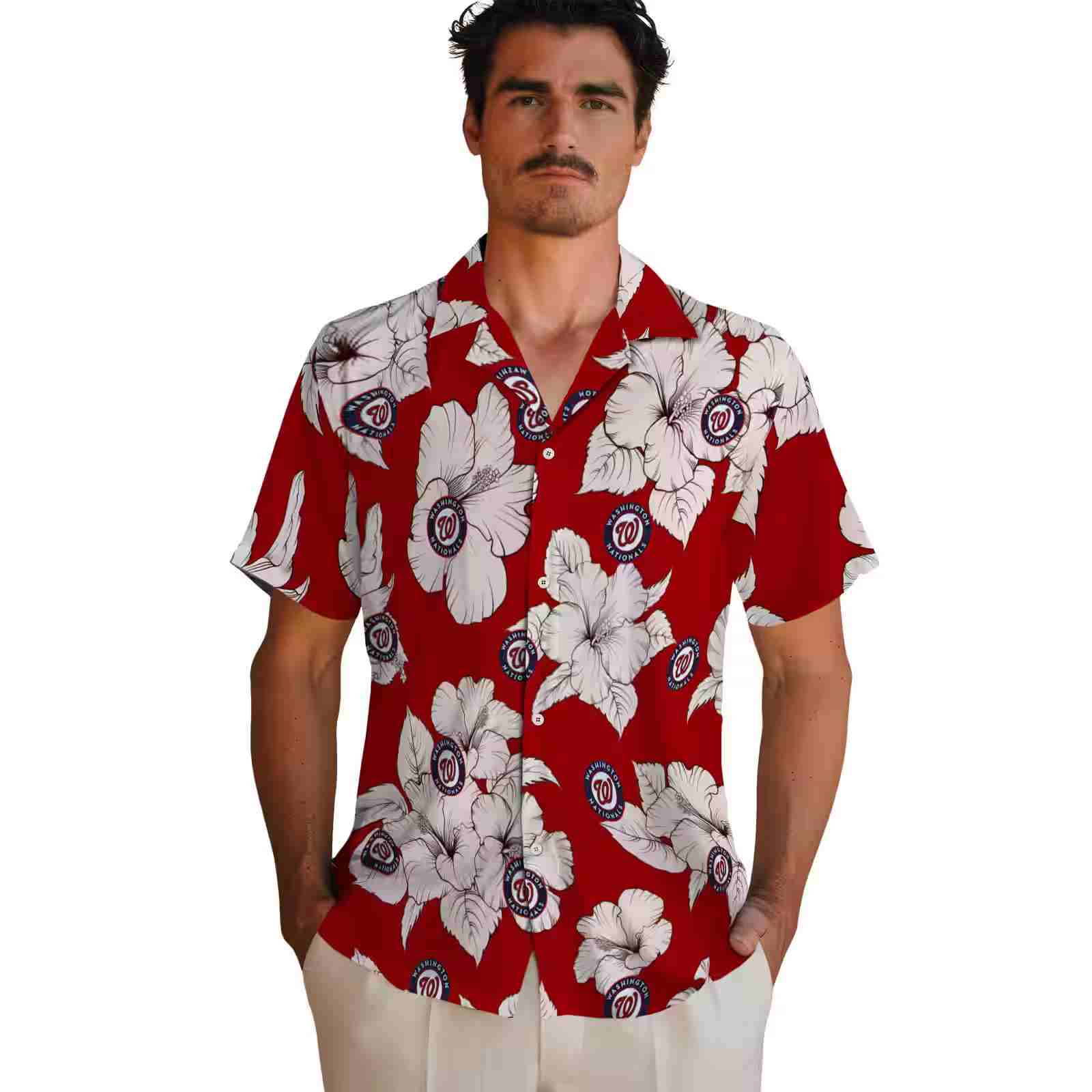 washington nationals hibiscus blooms red white hawaiian shirt fashion forward